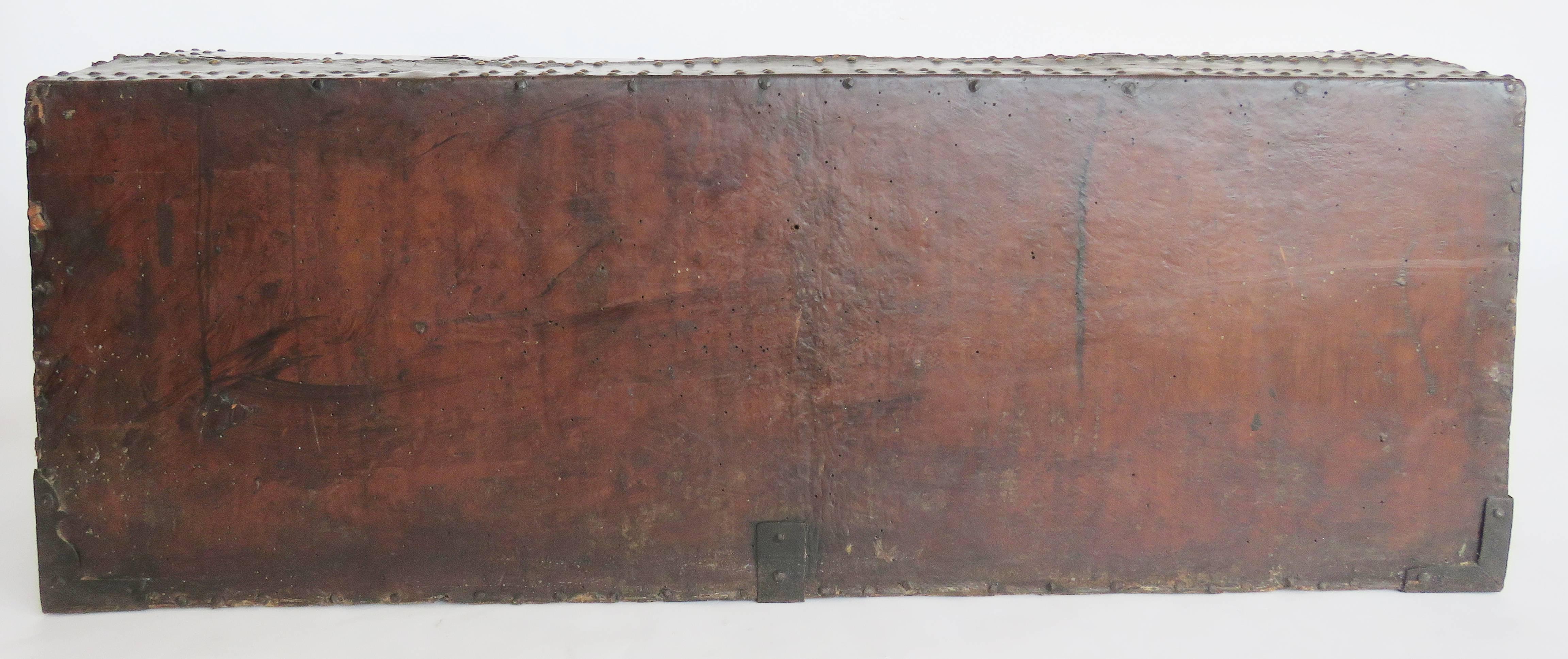 18th Century Spanish Leather Mounted Coffer Trunk For Sale 1