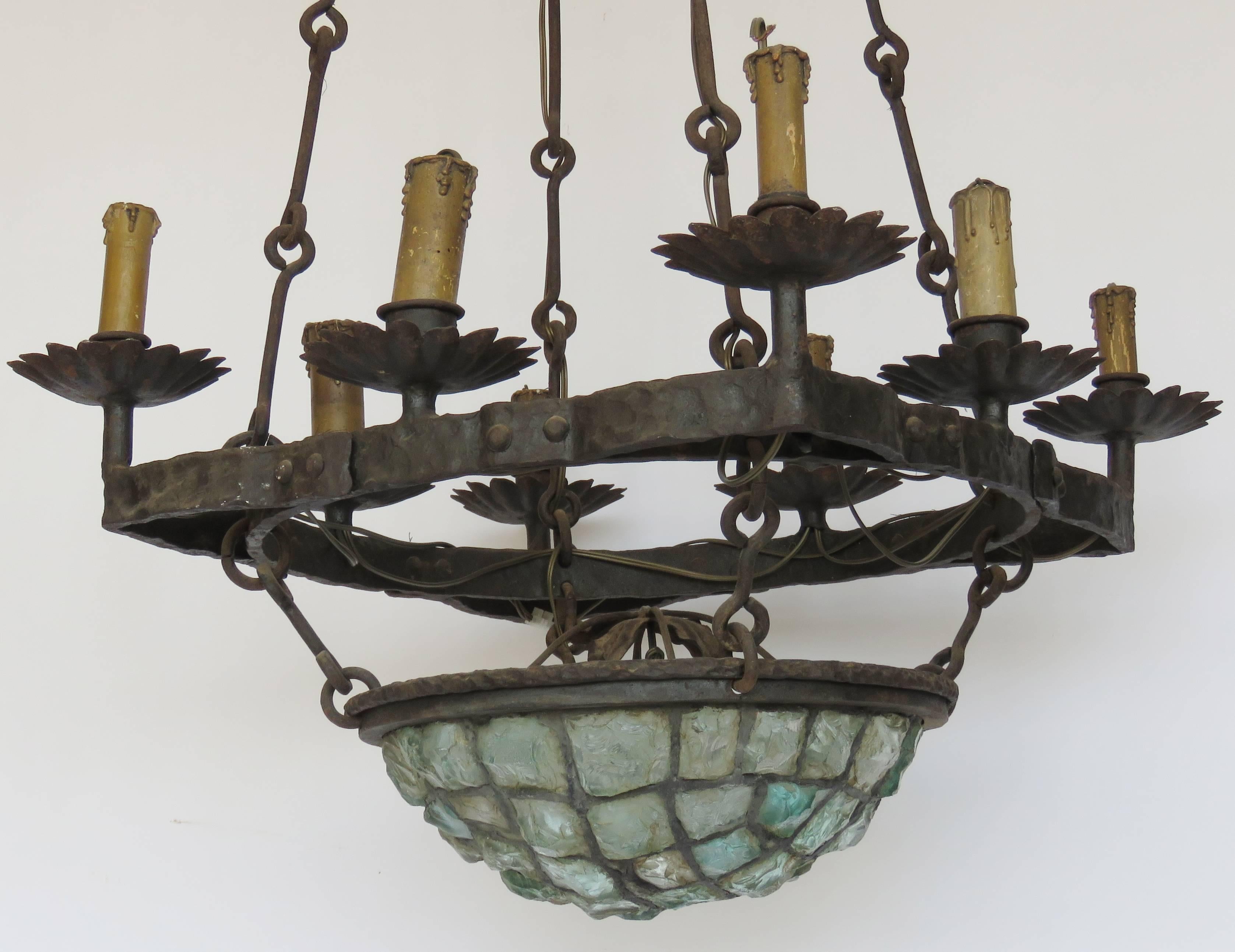 Art Nouveau 19th Century Gaudi Style Iron Chandelier with Rock Crystal Bowl For Sale