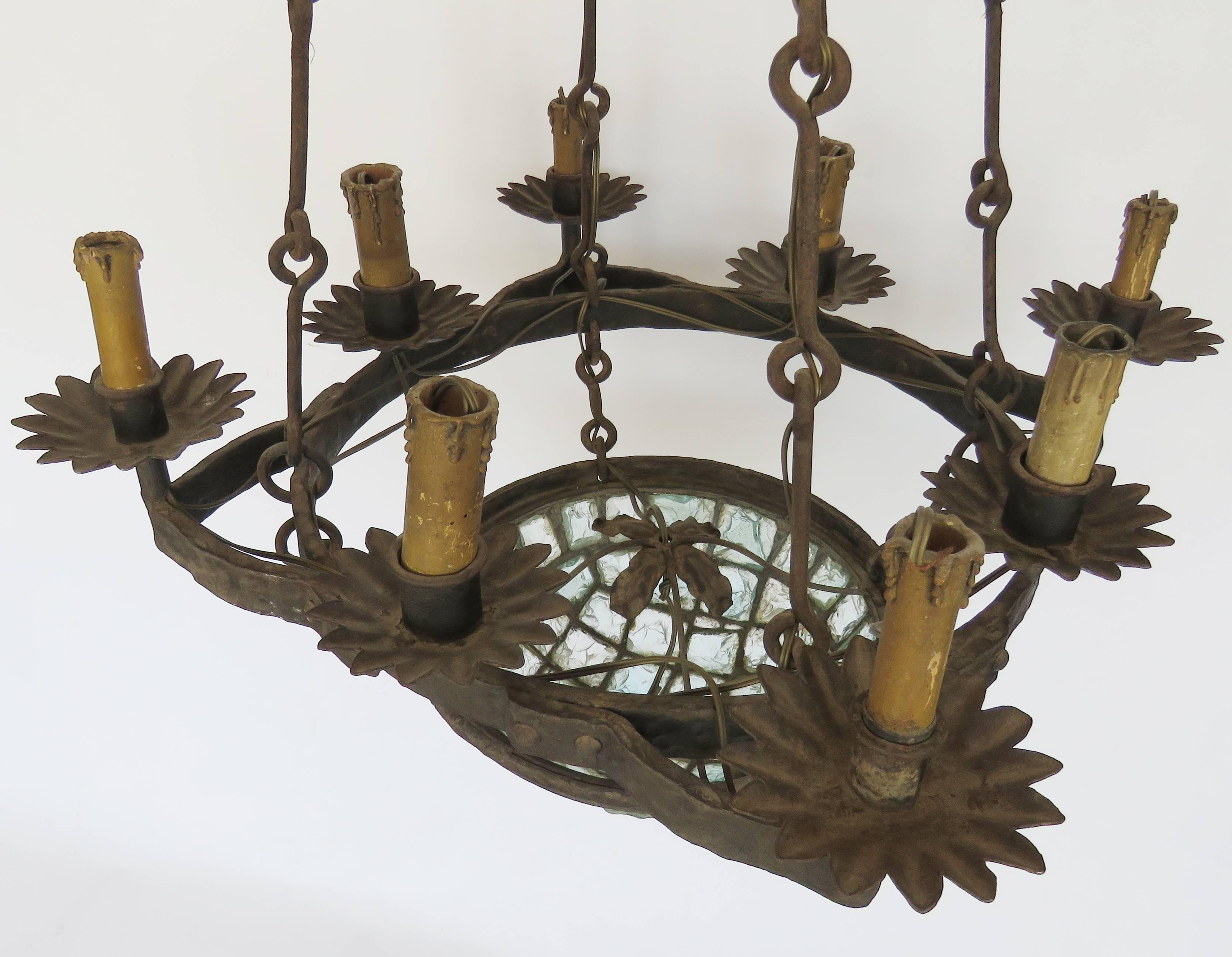 Spanish 19th Century Gaudi Style Iron Chandelier with Rock Crystal Bowl For Sale