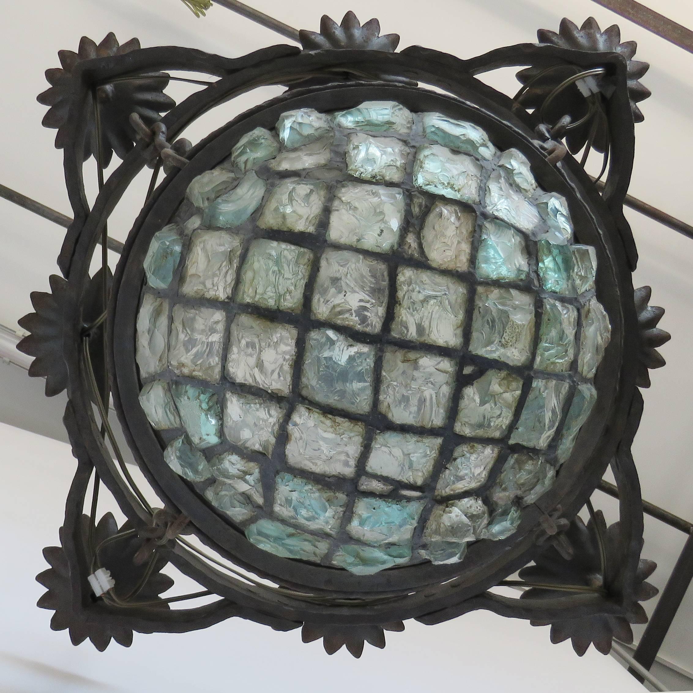 19th Century Gaudi Style Iron Chandelier with Rock Crystal Bowl In Excellent Condition For Sale In Alella, ES
