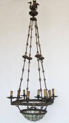 19th Century Gaudi Style Iron Chandelier with Rock Crystal Bowl