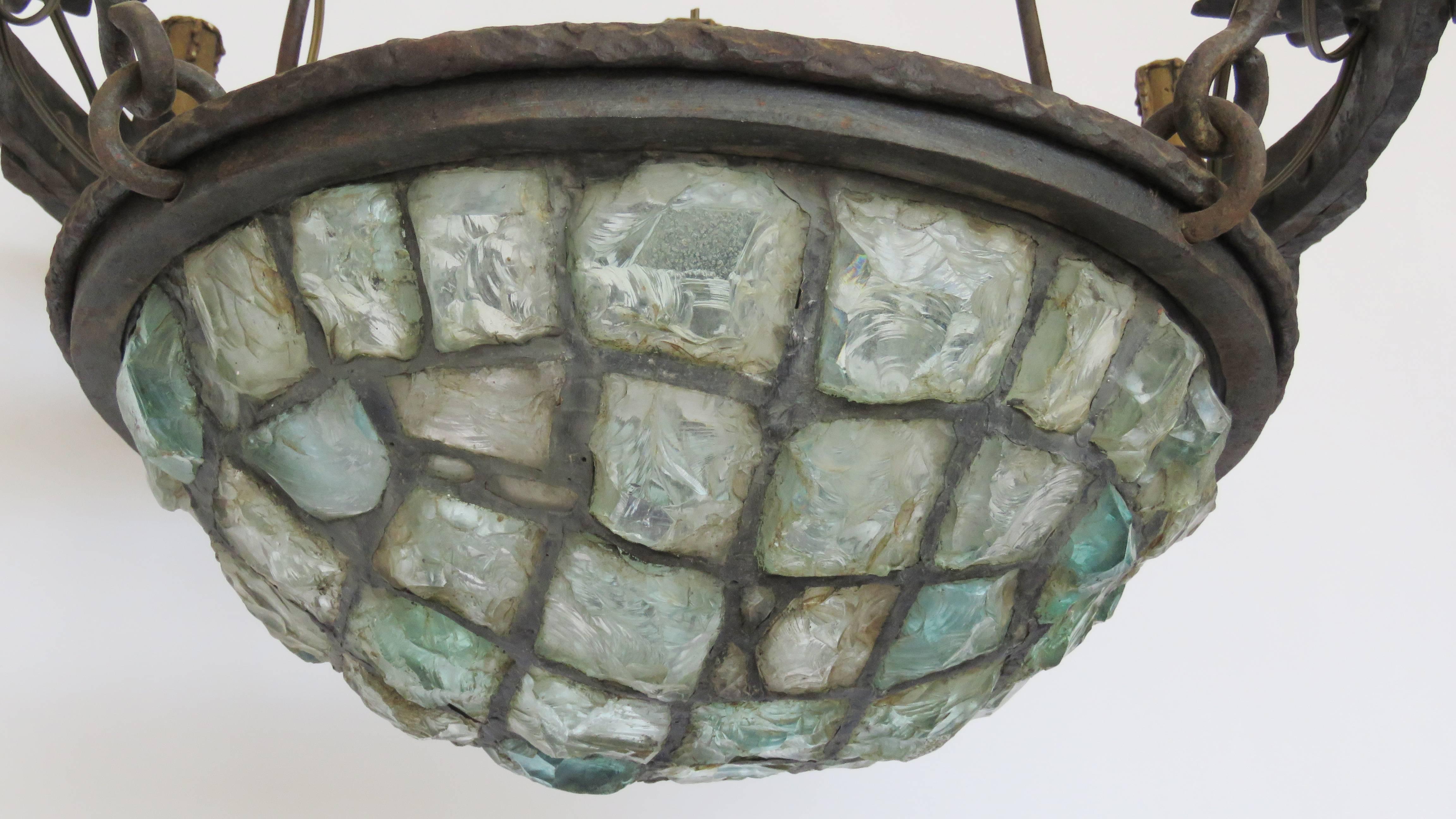 19th Century Gaudi Style Iron Chandelier with Rock Crystal Bowl For Sale 1
