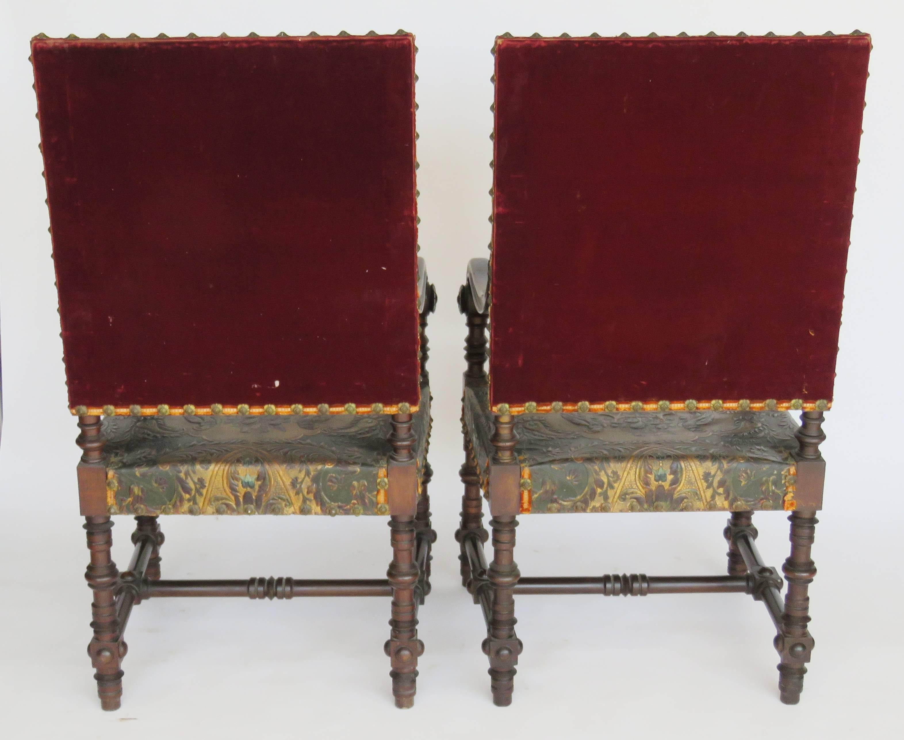 Spanish Pair of Louis XIV Style Walnut Tooled Leather Armchairs For Sale