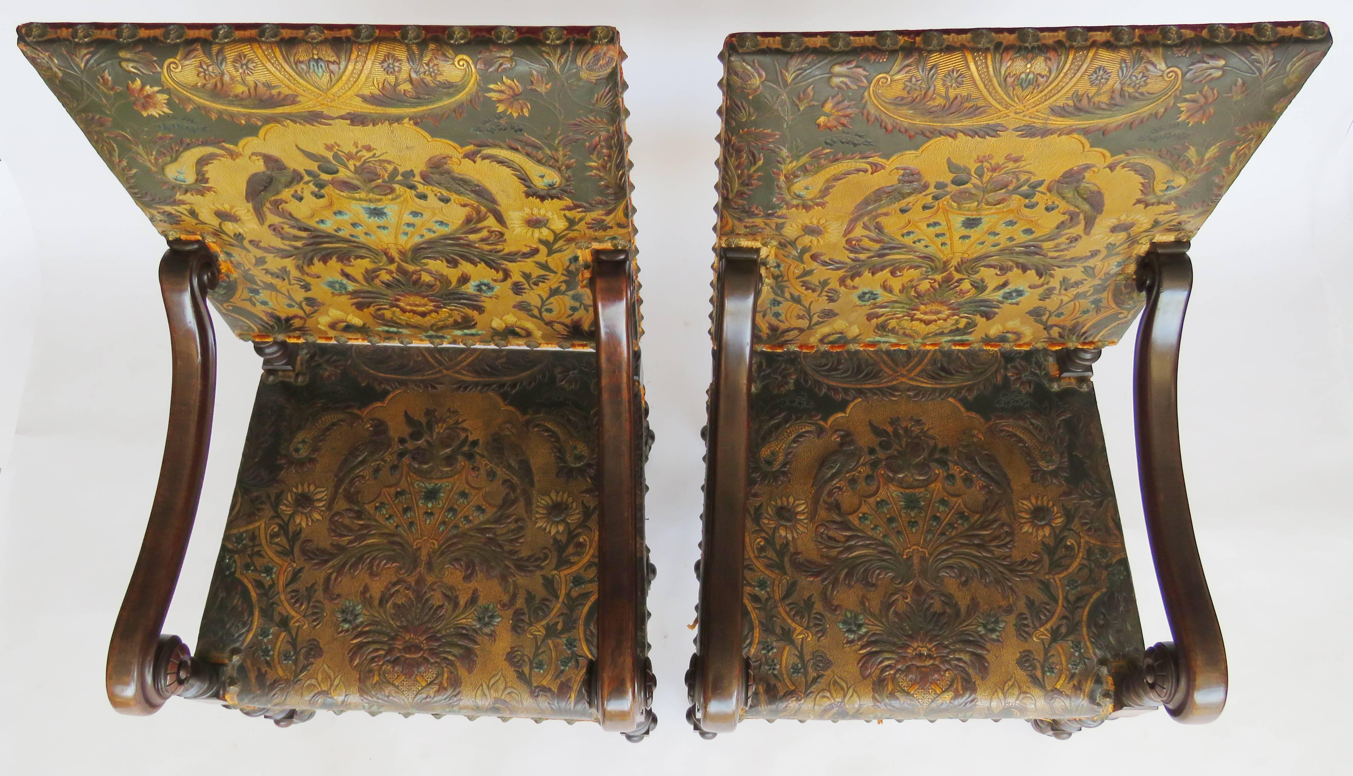 19th Century Pair of Louis XIV Style Walnut Tooled Leather Armchairs For Sale