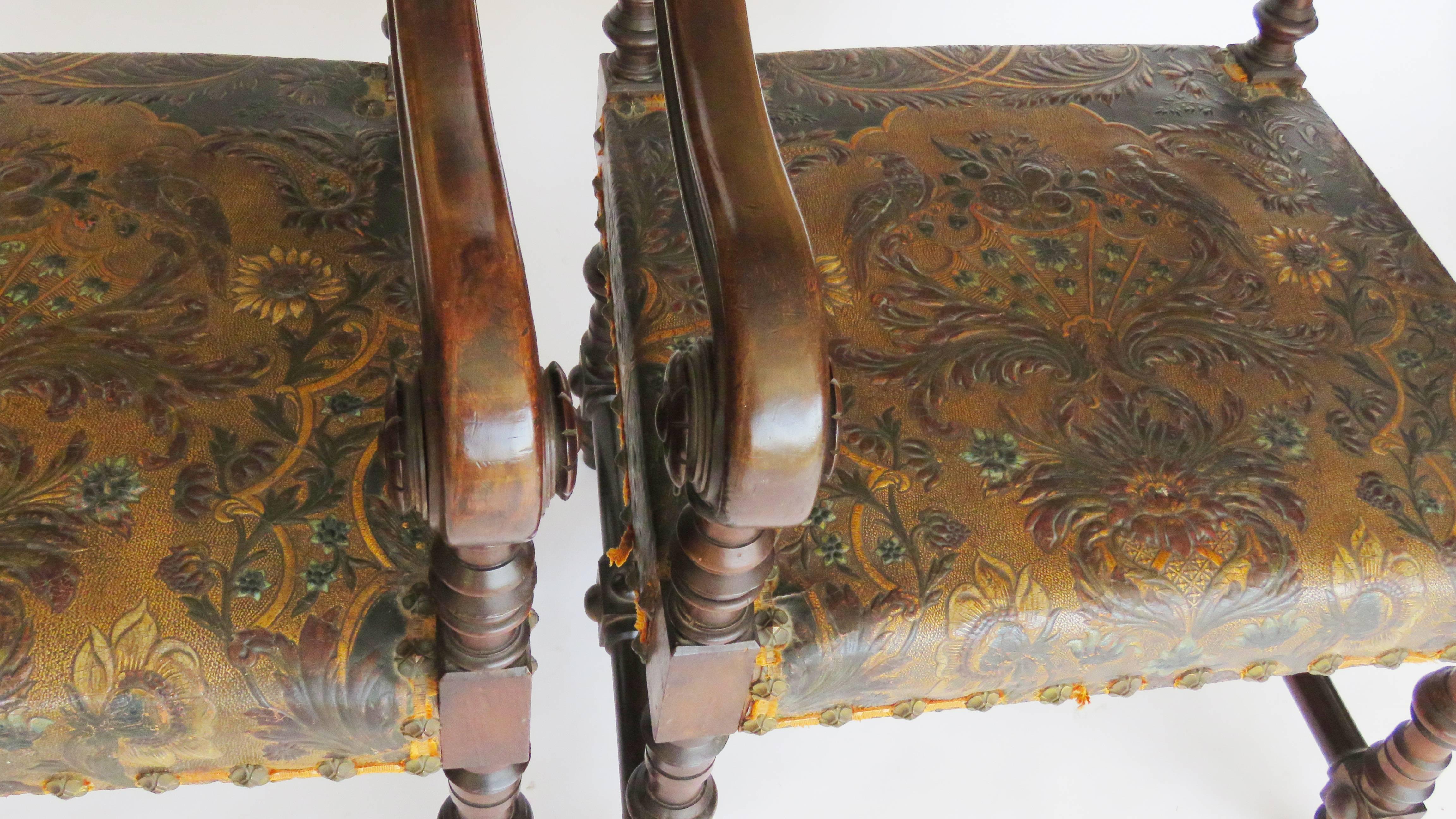 Pair of Louis XIV Style Walnut Tooled Leather Armchairs For Sale 1