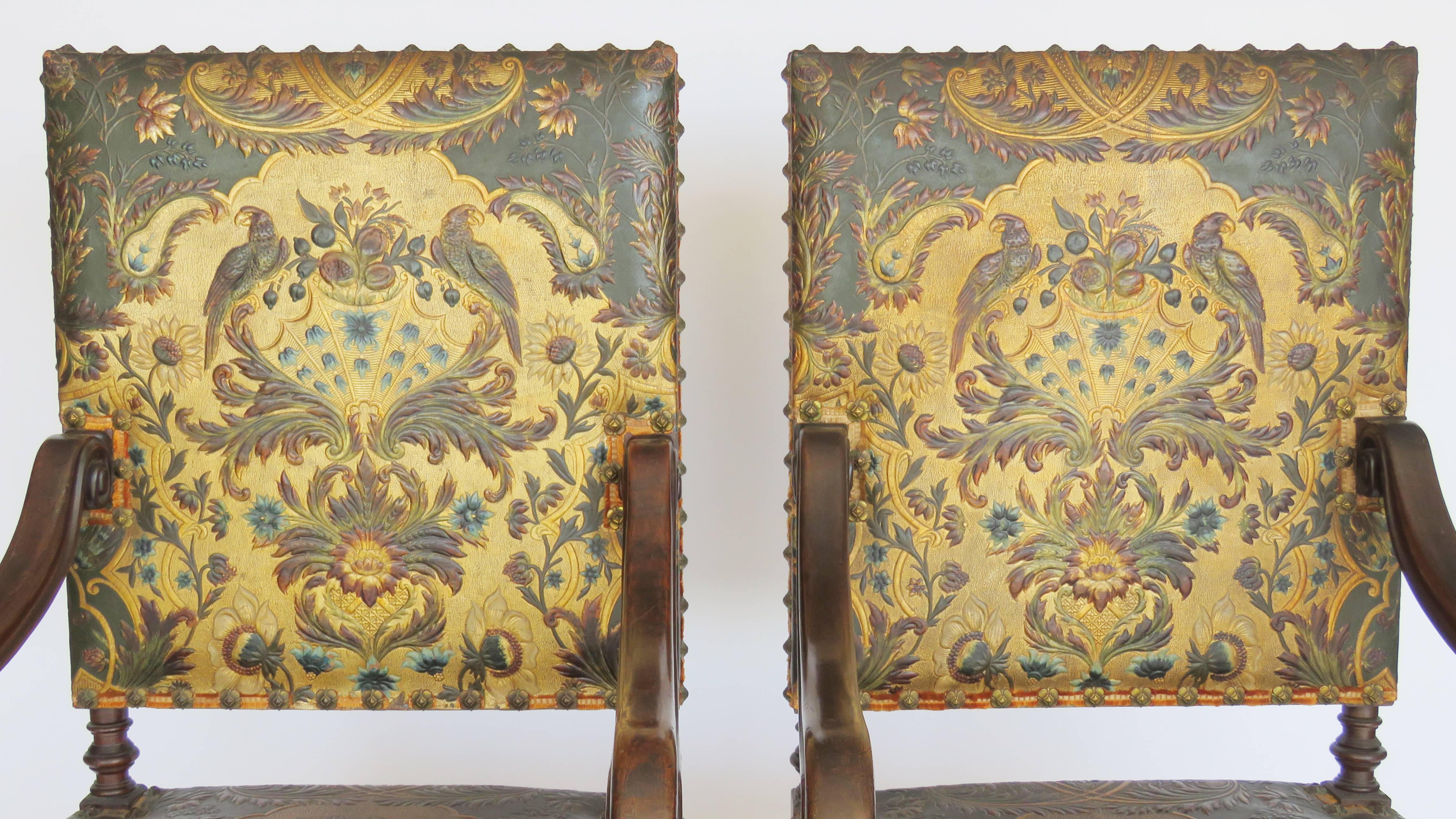 Hand-Carved Pair of Louis XIV Style Walnut Tooled Leather Armchairs For Sale