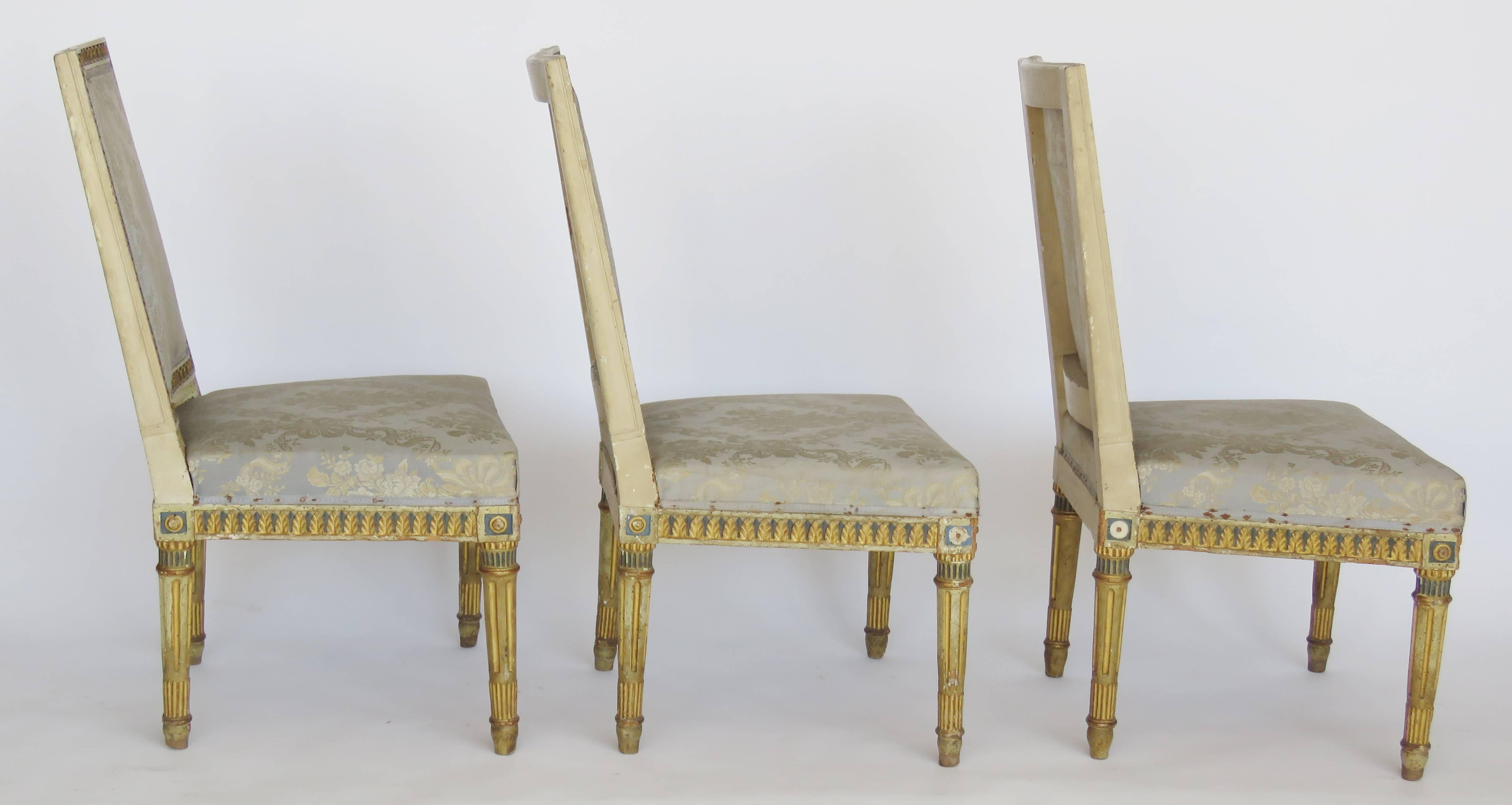 Hand-Carved Set of Three Giltwood Louis XVI Style Chairs For Sale