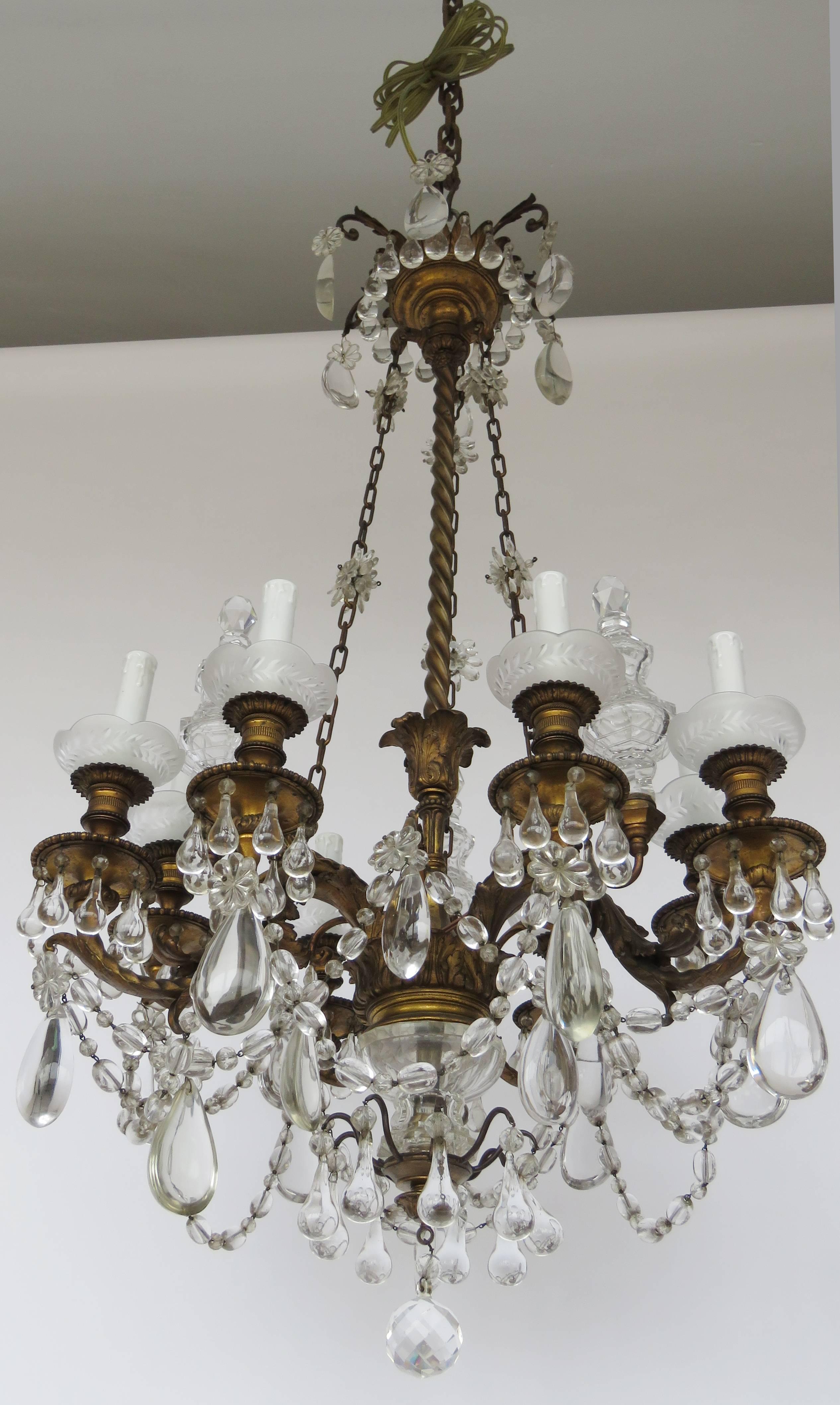 Louis XVI 19h Century Baccarat Bronze and Glass Chandelier For Sale