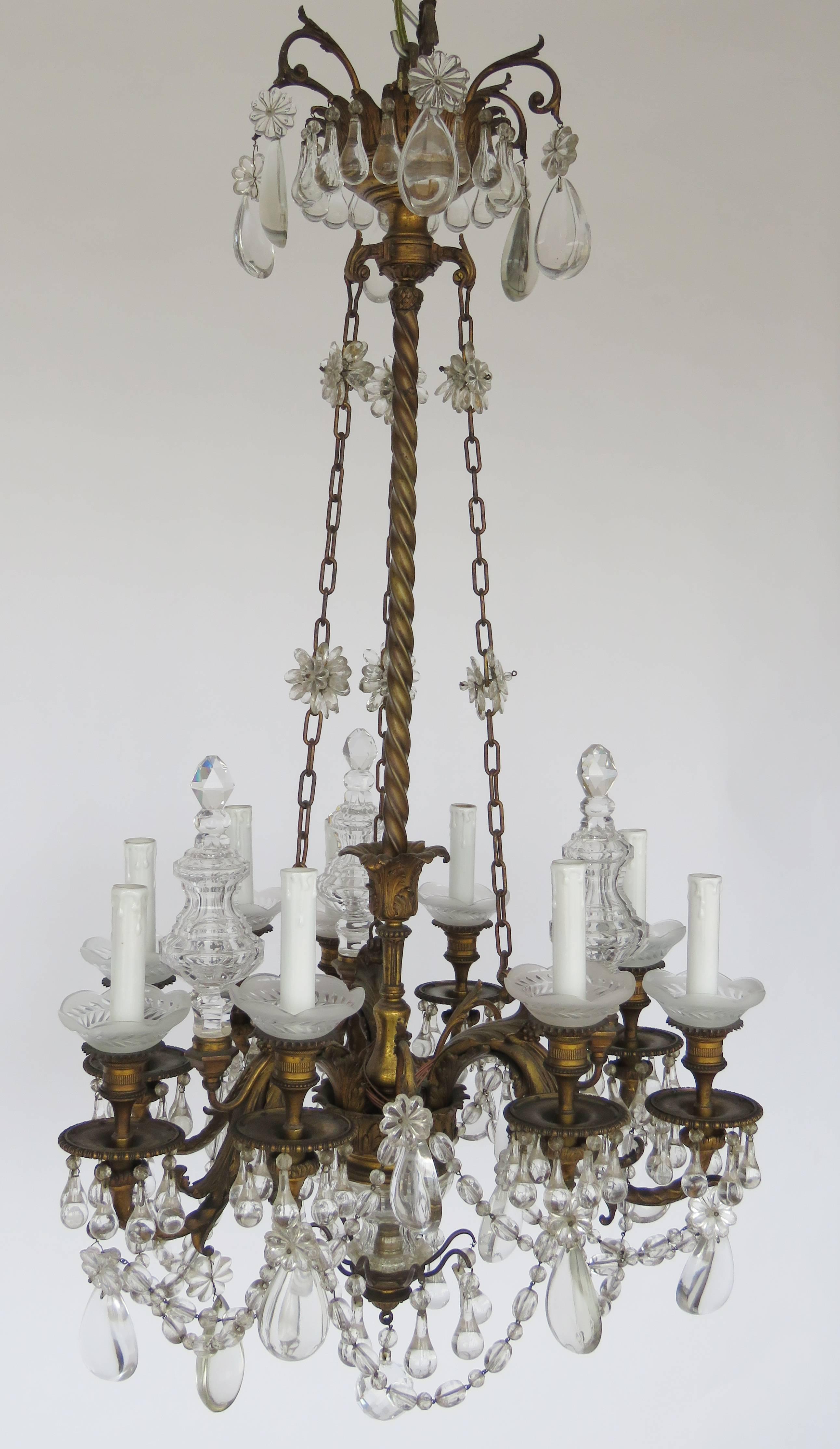 Large bronze chandelier, crystal finials, beading and teardrops, nine candle arm lights, UL wired.