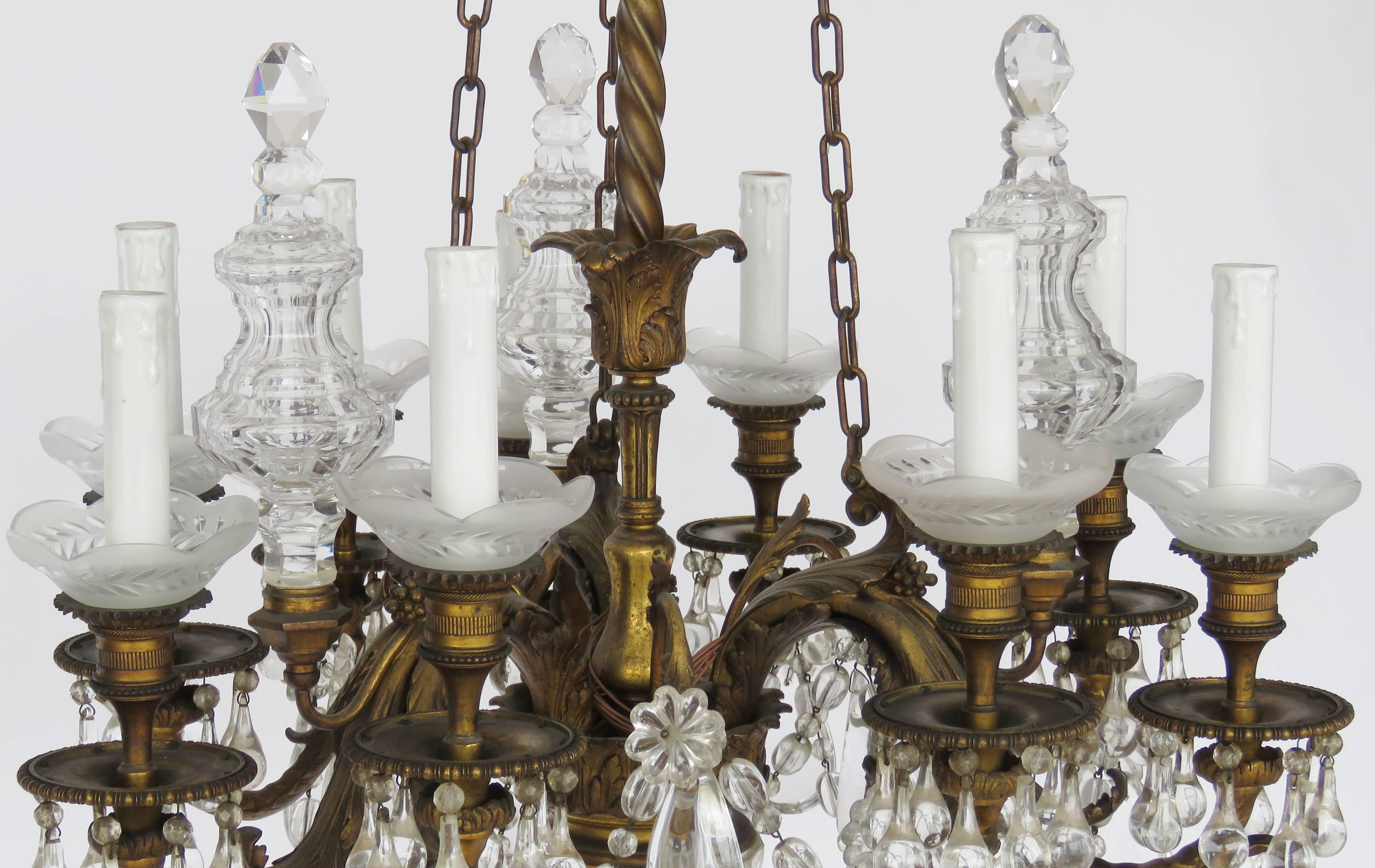 Patinated 19h Century Baccarat Bronze and Glass Chandelier For Sale