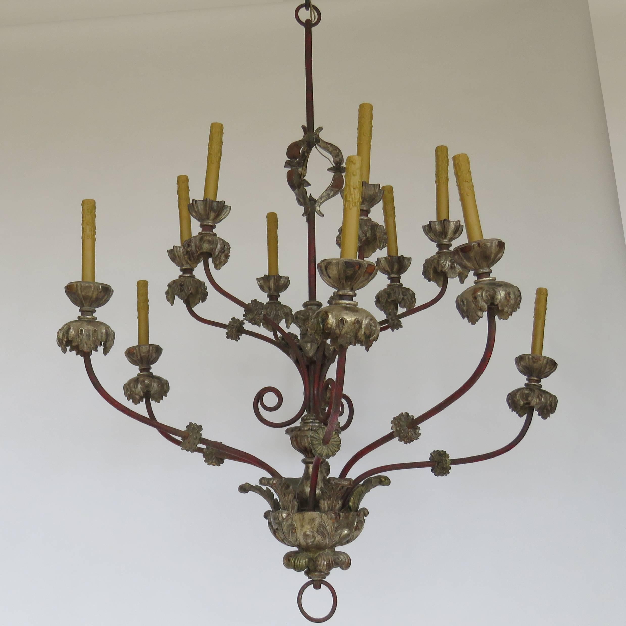 Baroque Early 19th Century Italian Large Painted Iron and Wood Chandelier