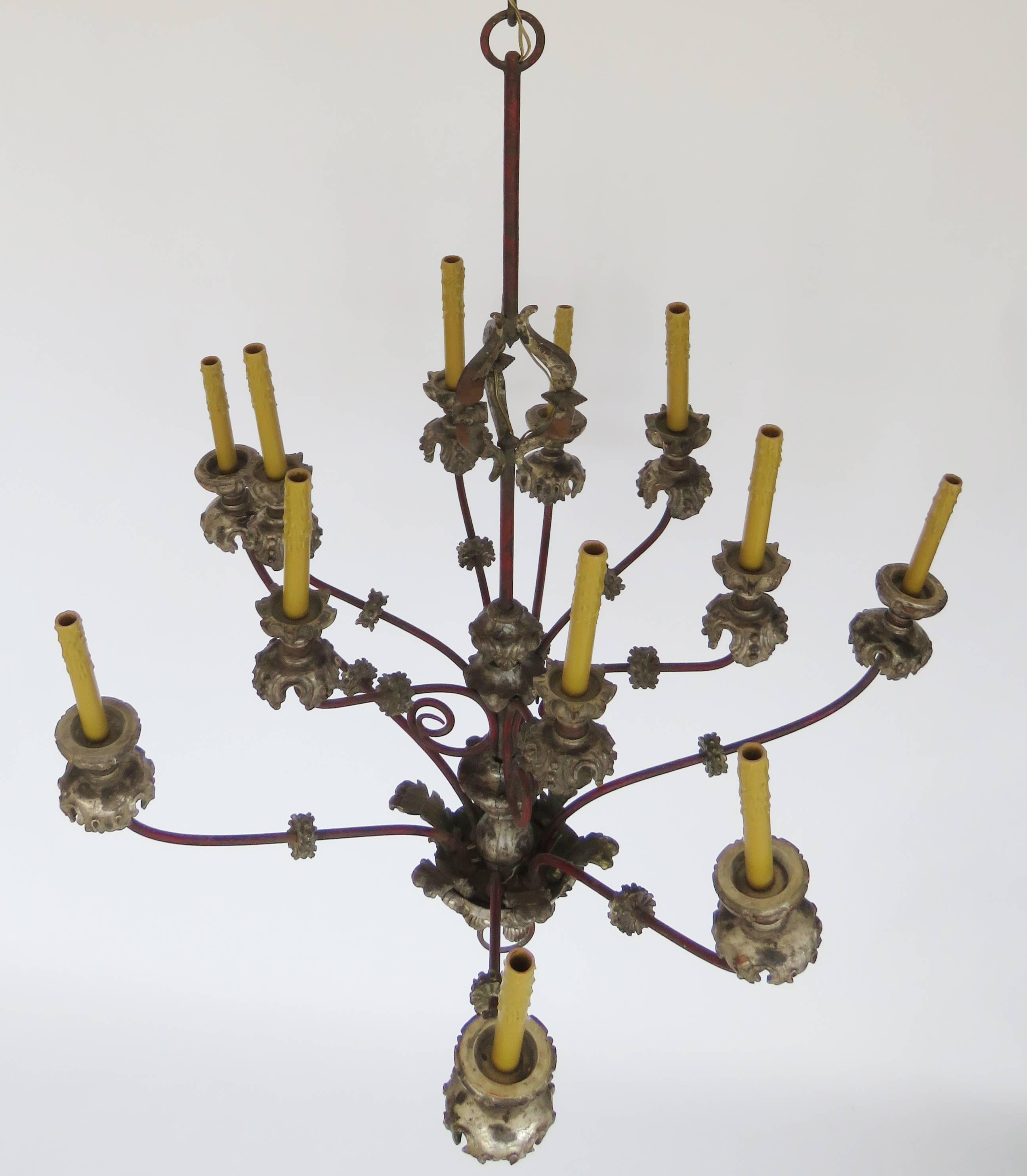 Hand-Crafted Early 19th Century Italian Large Painted Iron and Wood Chandelier