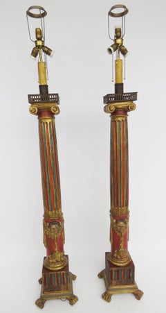 19th Century Pair of Large Polychrome Wood Floor Lamps