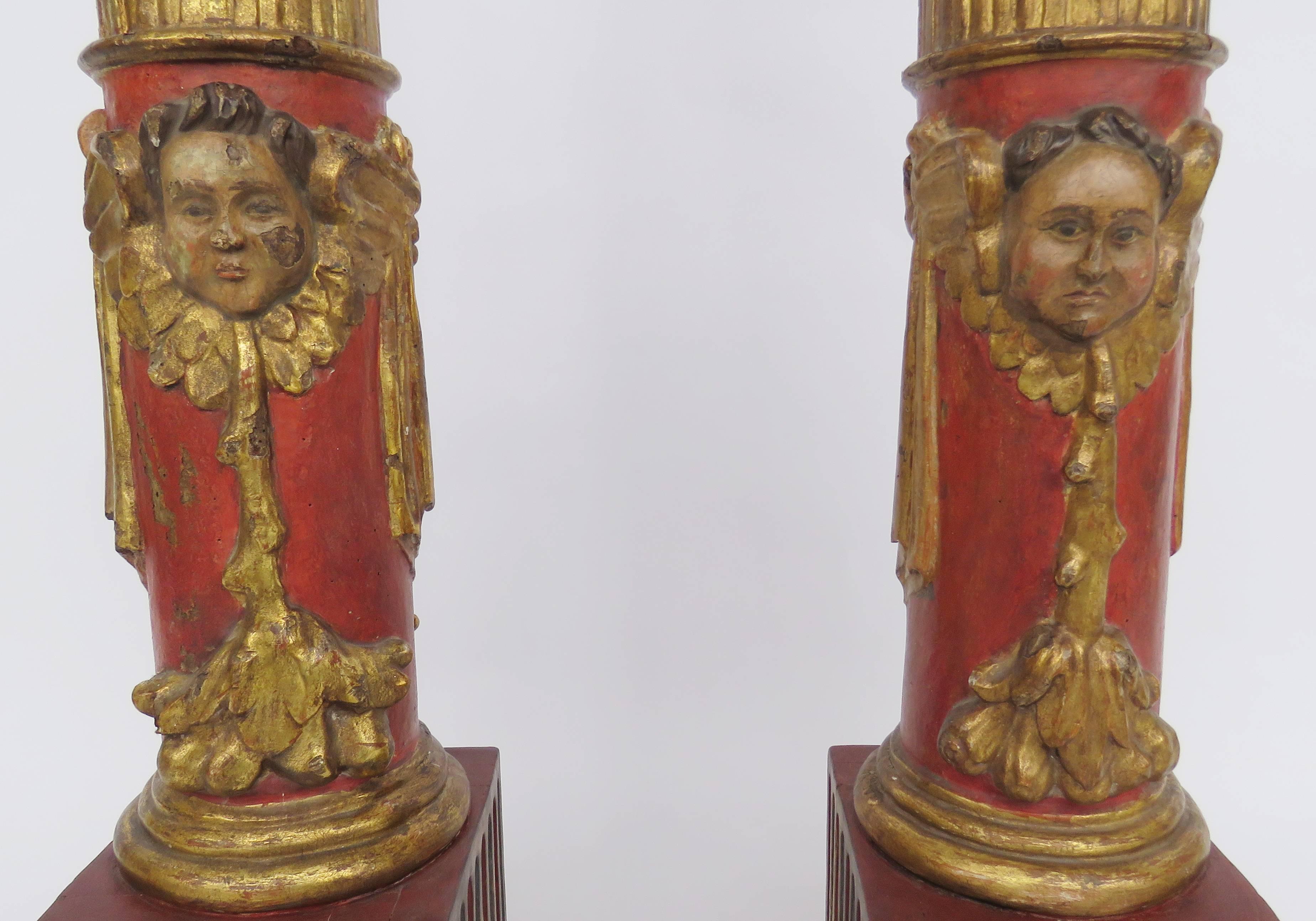 19th Century Pair of Large Polychrome Wood Floor Lamps In Good Condition For Sale In Alella, ES