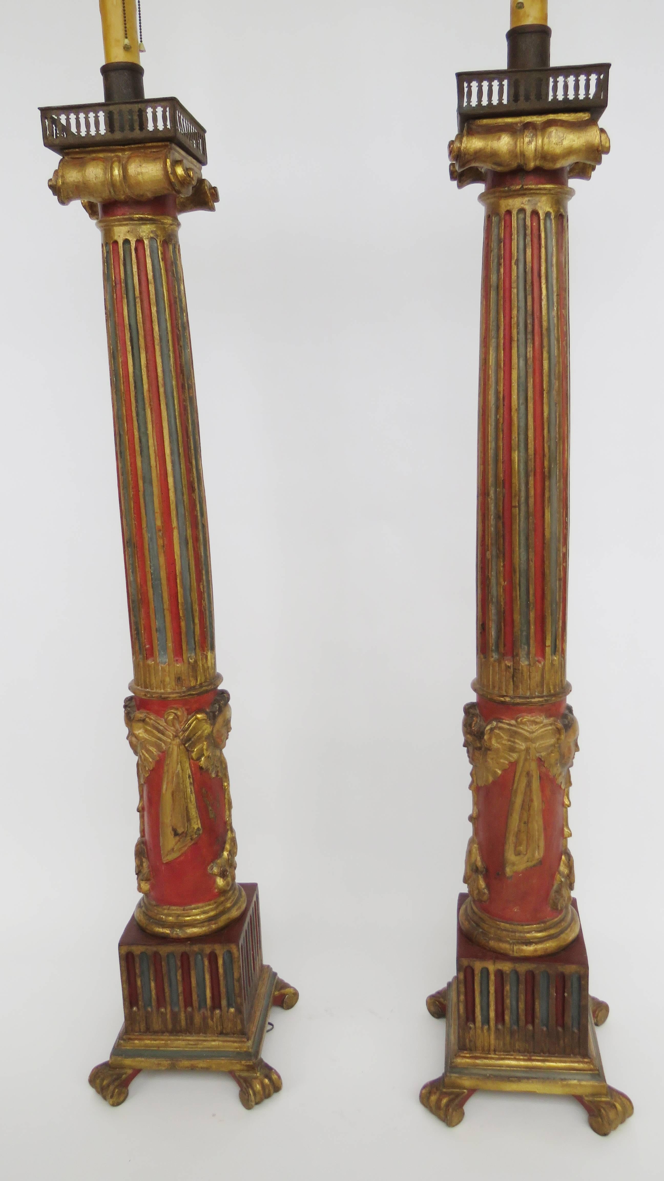 19th Century Pair of Large Polychrome Wood Floor Lamps For Sale 2