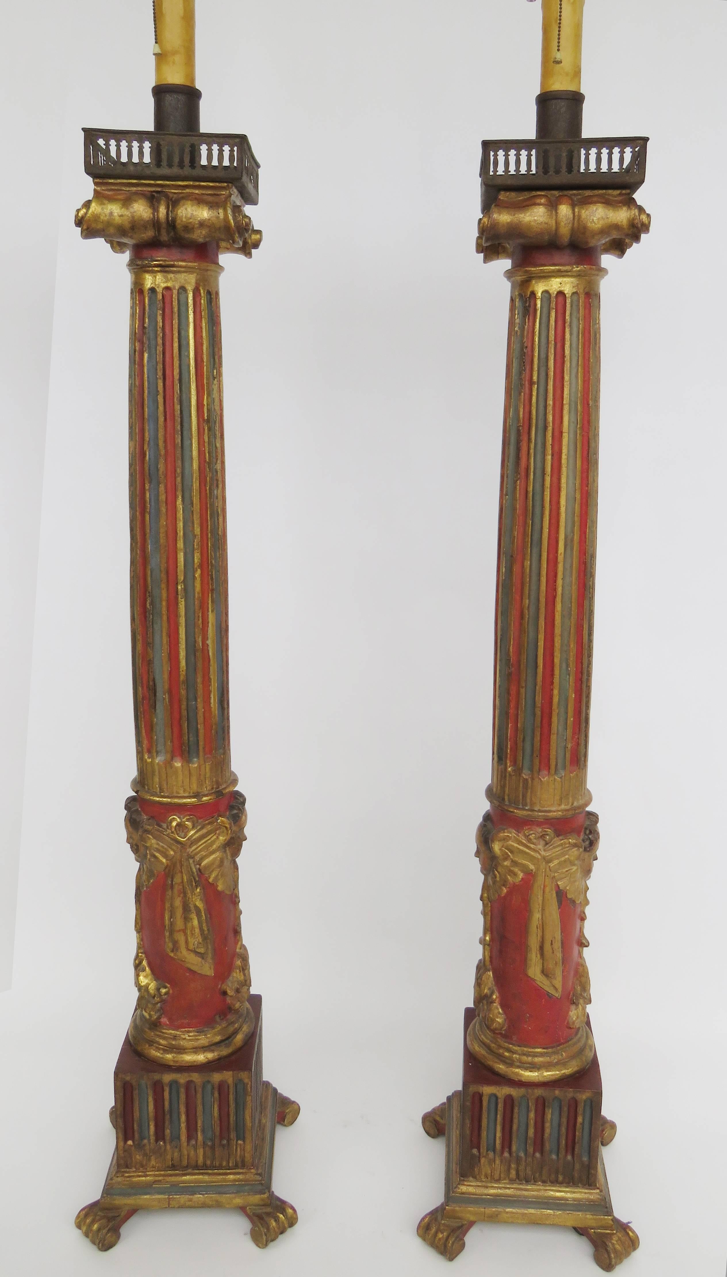 19th Century Pair of Large Polychrome Wood Floor Lamps For Sale 3
