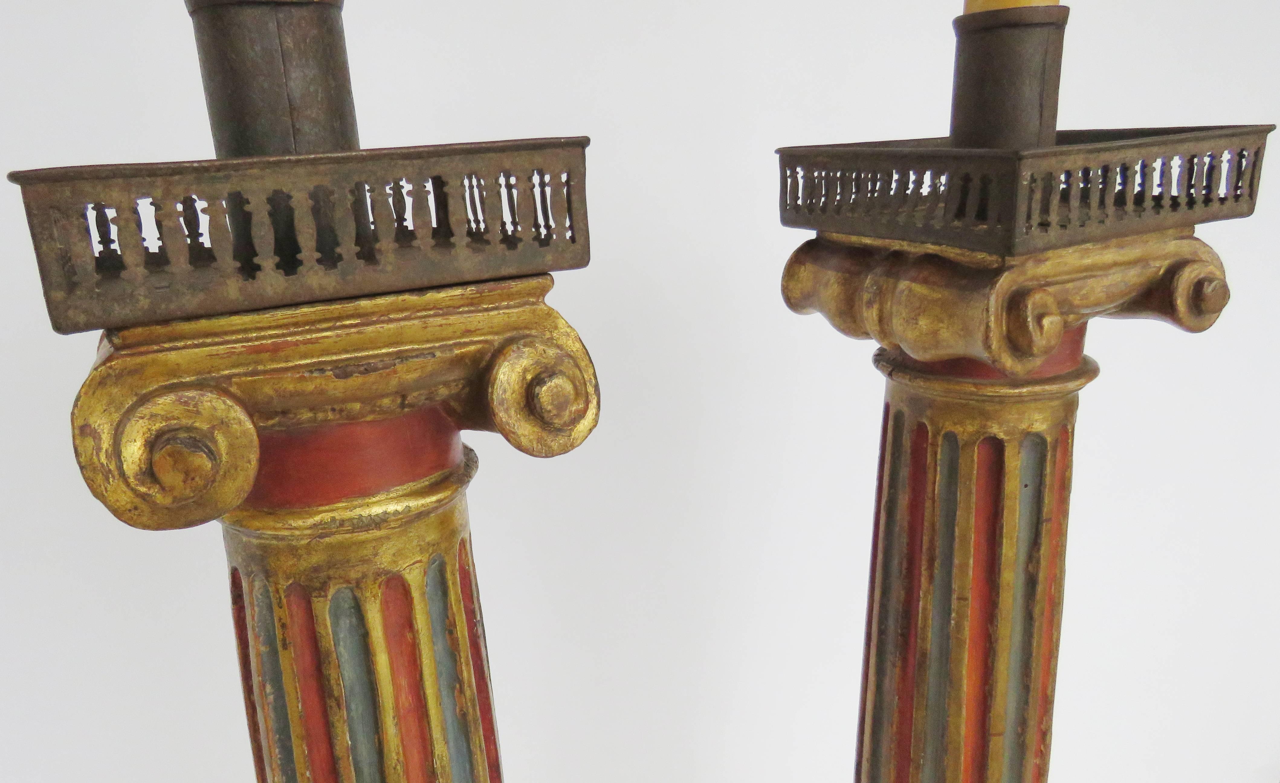 Spanish 19th Century Pair of Large Polychrome Wood Floor Lamps For Sale