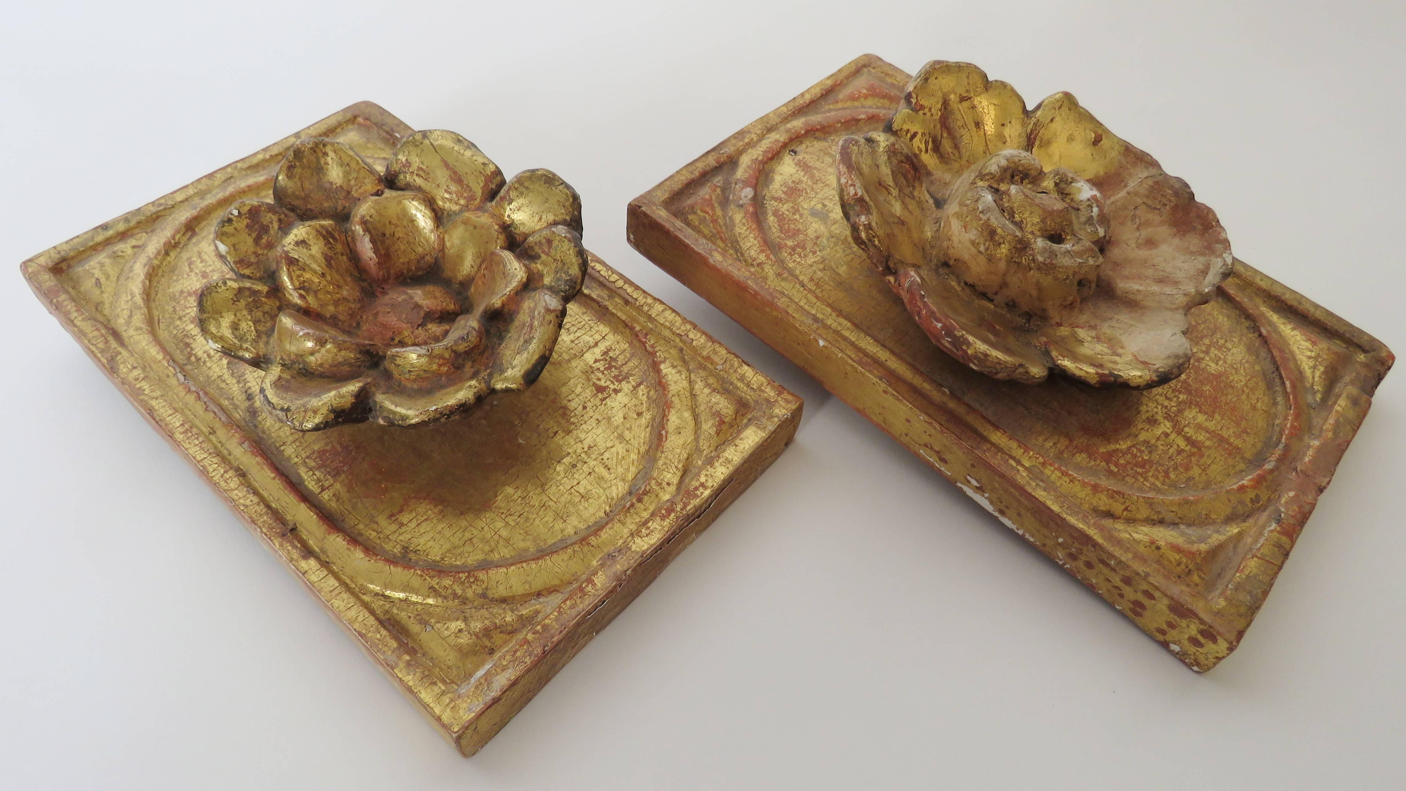 Hand-Painted 18th Century Pair of Giltwood Floral Wall Plaques