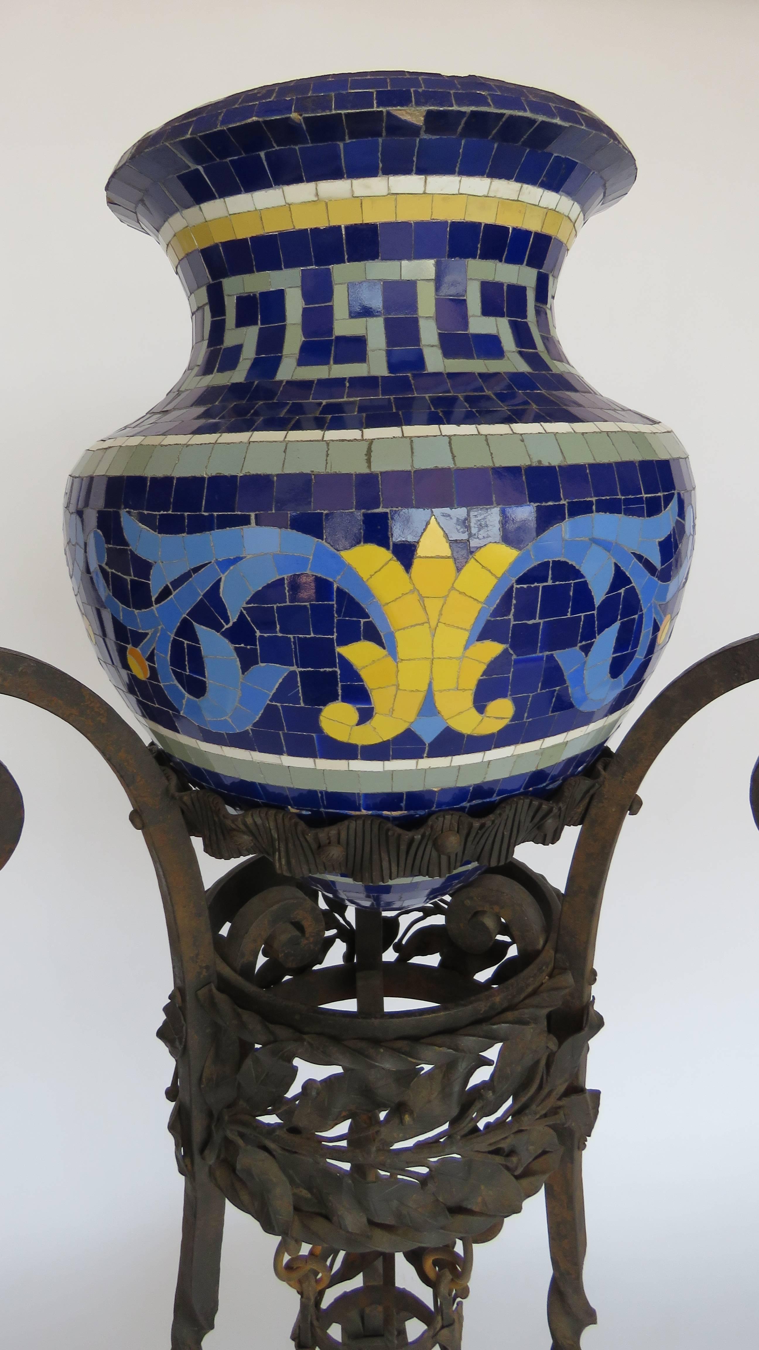 Art Nouveau Mosaic Urn on Forge Iron Base For Sale