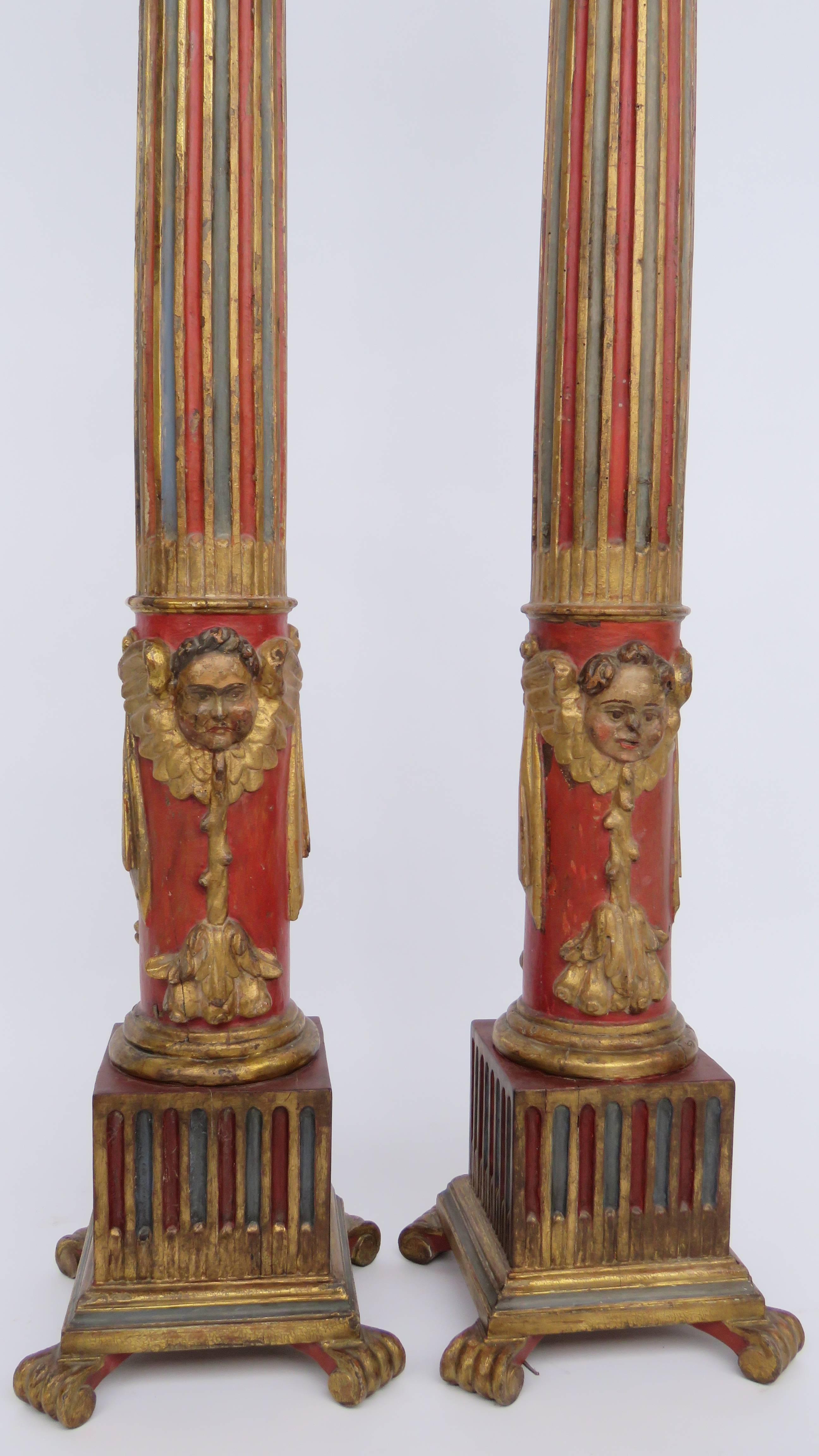 Hand-Crafted 19th Century Pair of Large Polychrome Wood Floor Lamps For Sale