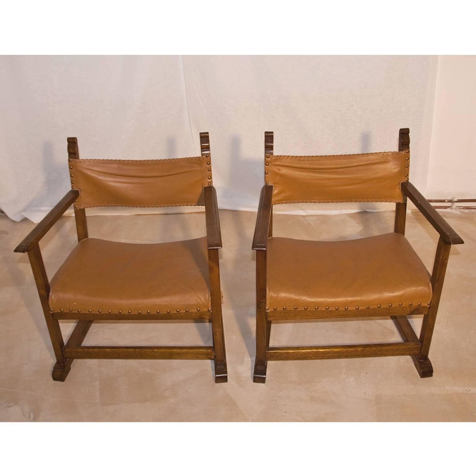Adolf Loos pair of fireside chairs presended at the Werkbundsieglung Vienna, House Nr. 49. The same style chair of chair was previously used by Adolf Lo-os for the apartment Hugo Semler in Pilsen.