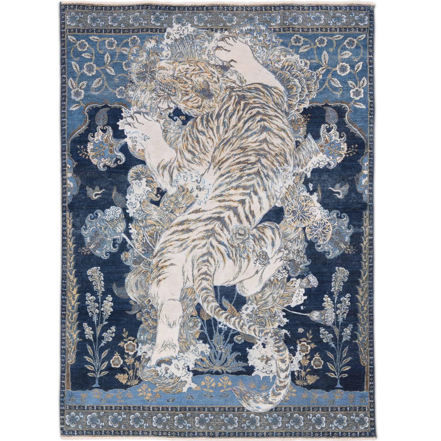17th Century Modern Tibetan Tiger Jaipur Persian Knot Modern Vintage Wool Silk For Sale