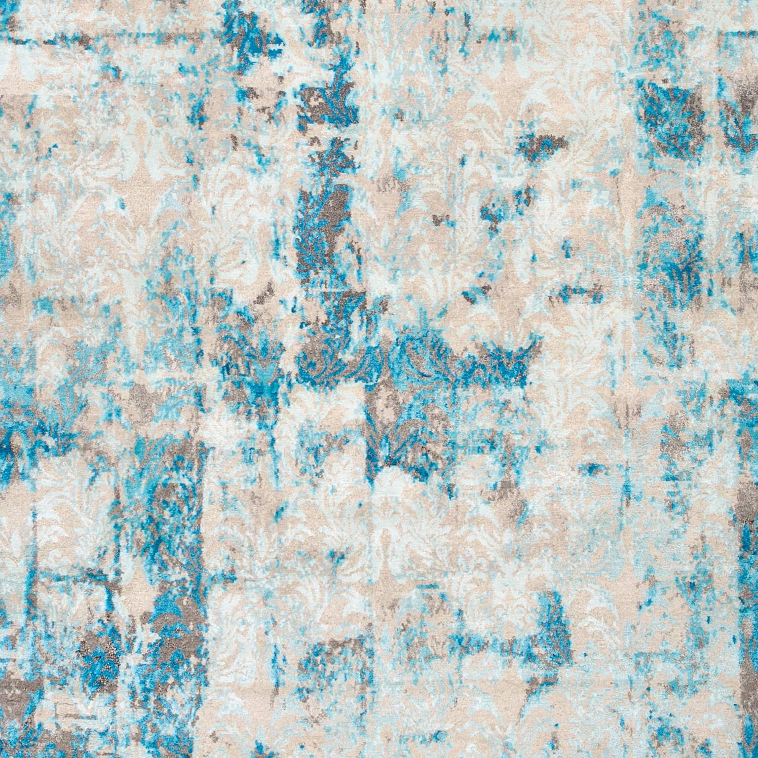 Modern 'Cover_Cobalt' Hand-Knotted Tibetan Contemporary Abstract Rug Wool & Silk For Sale