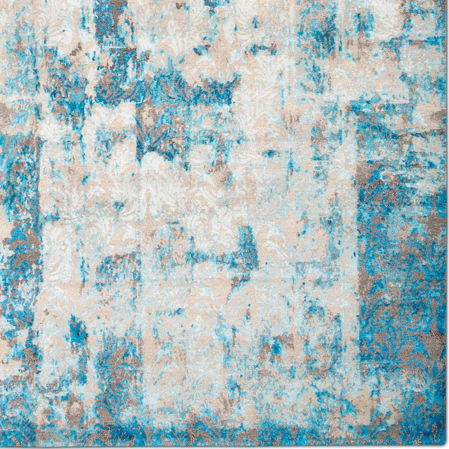 Nepalese 'Cover_Cobalt' Hand-Knotted Tibetan Contemporary Abstract Rug Wool & Silk For Sale
