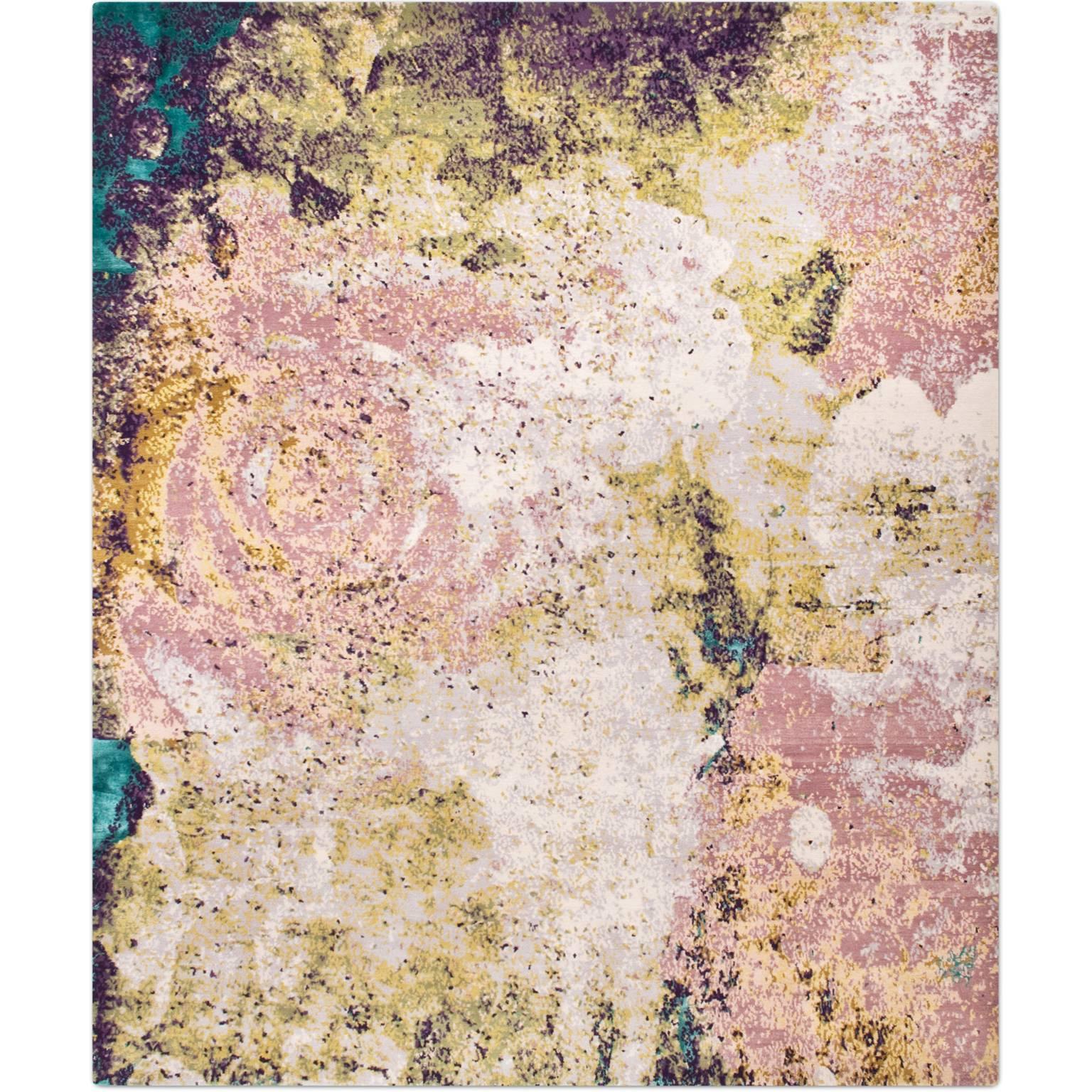 'English Rose_Teal' Hand-Knotted Tibetan Contemporary Abstract Rug Wool & Silk For Sale