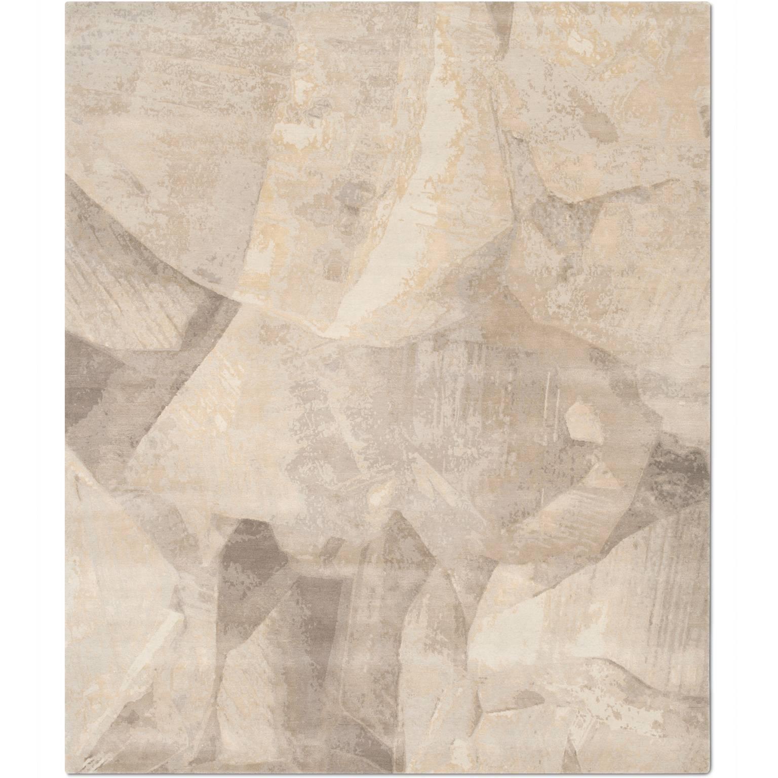 'Calcite_Mink' Hand-Knotted Tibetan Contemporary Abstract Rug Wool & Silk For Sale