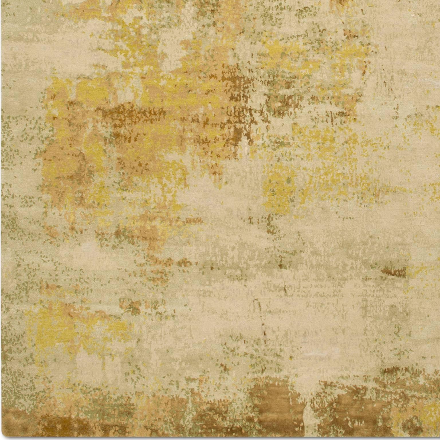 Contemporary 'Elements No. 01_Gold' Hand-Knotted Tibetan Modern Abstract Rug Wool & Silk For Sale