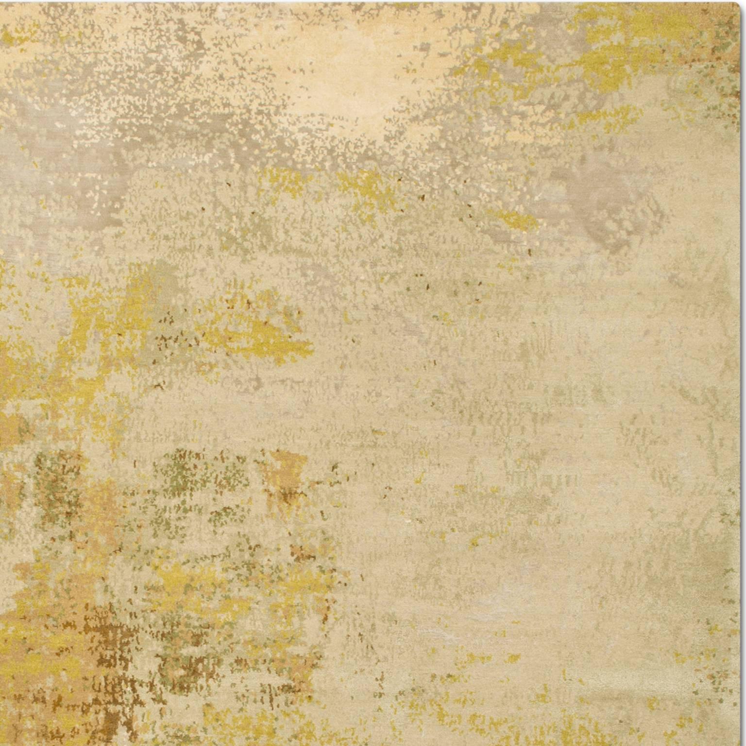 Nepalese 'Elements No. 01_Gold' Hand-Knotted Tibetan Modern Abstract Rug Wool & Silk For Sale