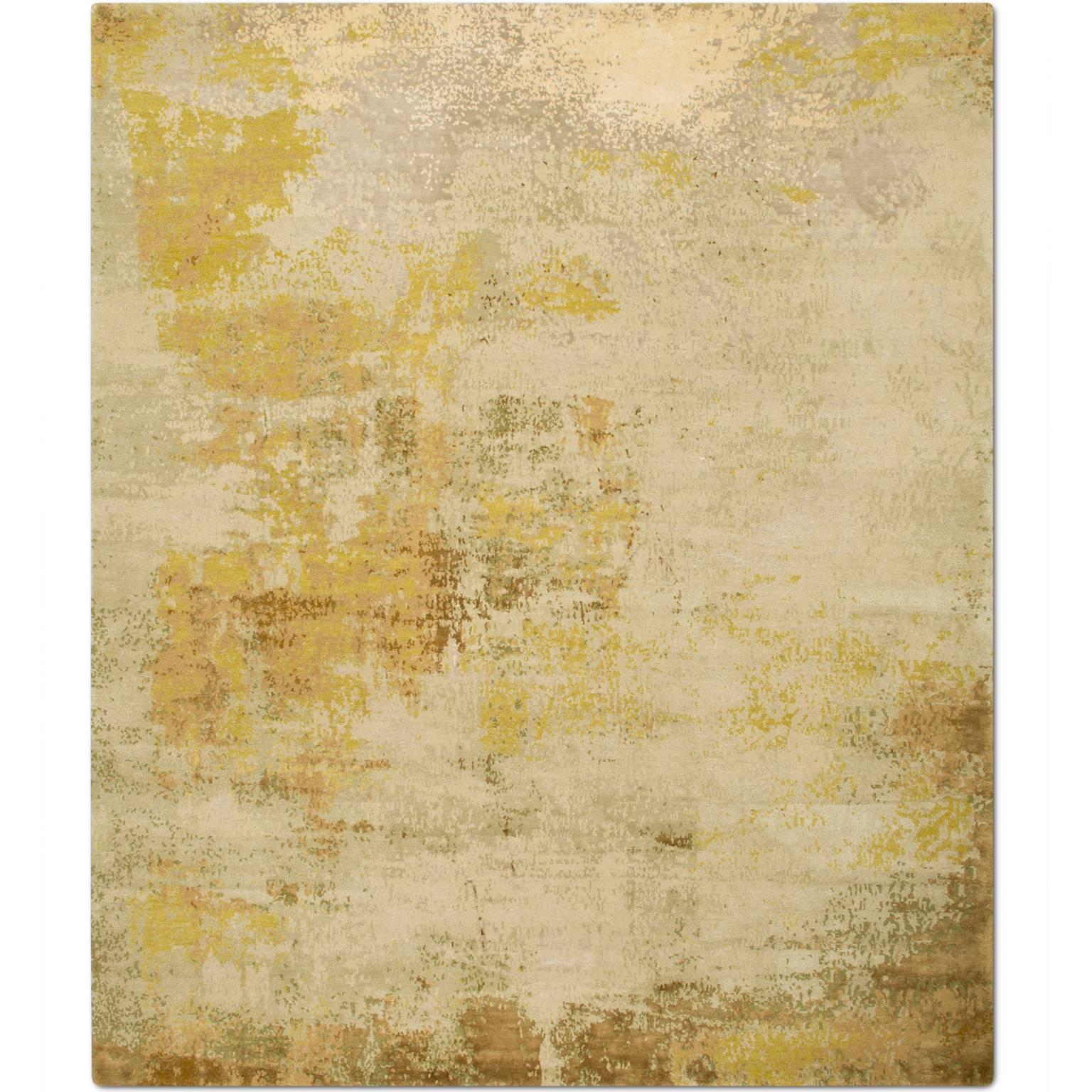'Elements No. 01_Gold' Hand-Knotted Tibetan Modern Abstract Rug Wool & Silk For Sale