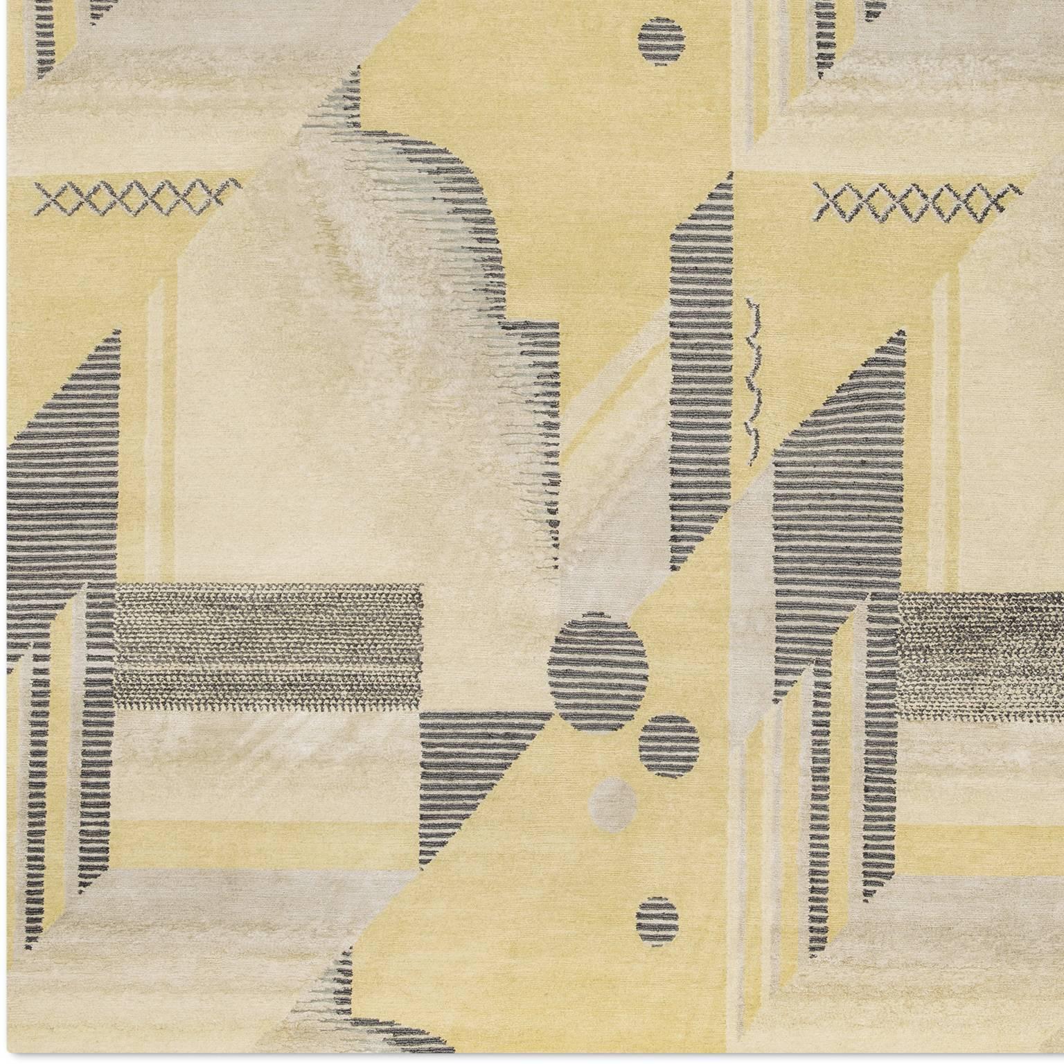 'Art Deco_Lemon' Hand-Knotted Tibetan Contemporary Geometric Rug Wool & Silk In New Condition For Sale In London, GB