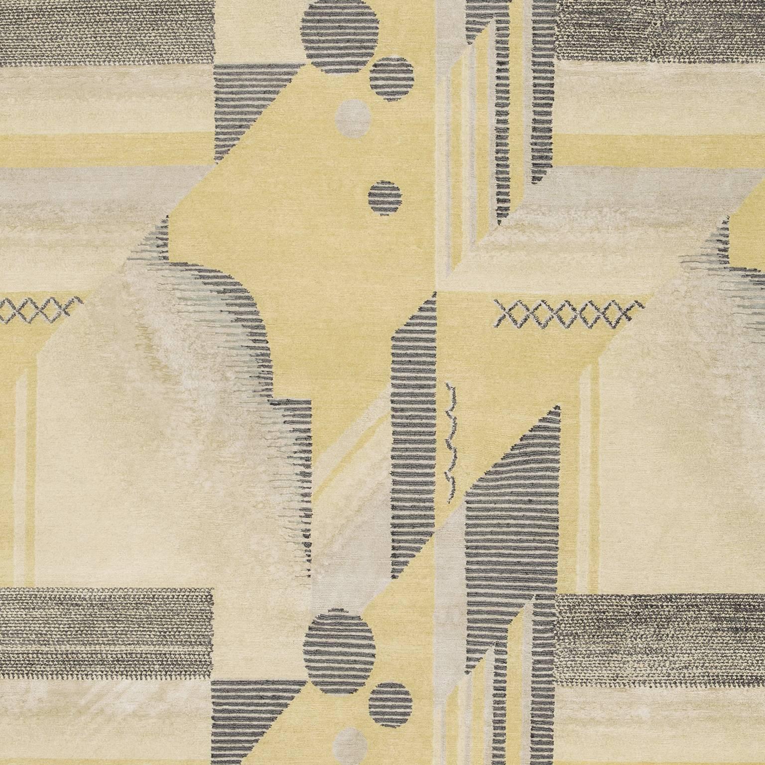 'Art Deco_Lemon' Hand-Knotted Tibetan Contemporary Geometric Rug Wool & Silk For Sale 1