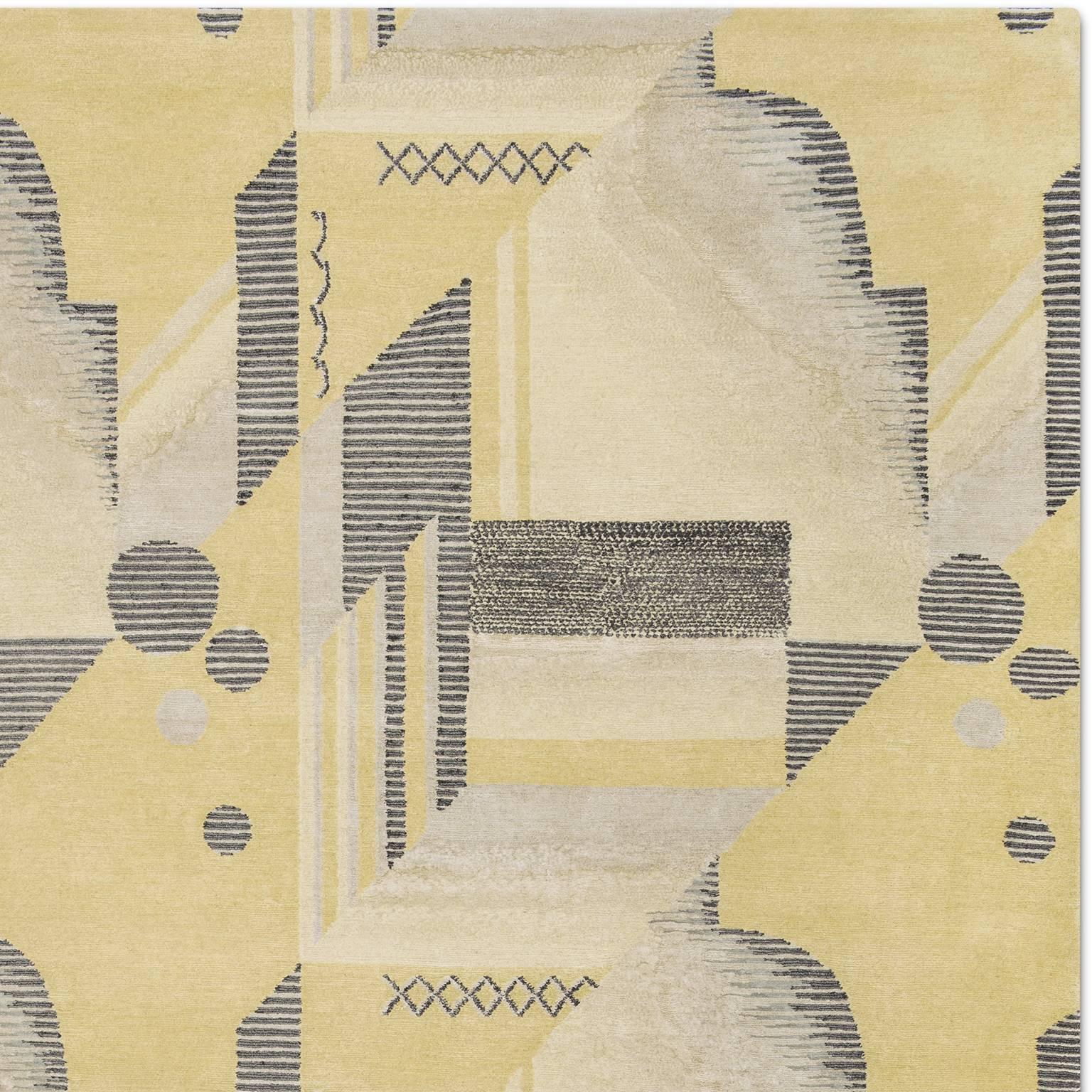 Nepalese 'Art Deco_Lemon' Hand-Knotted Tibetan Contemporary Geometric Rug Wool & Silk For Sale