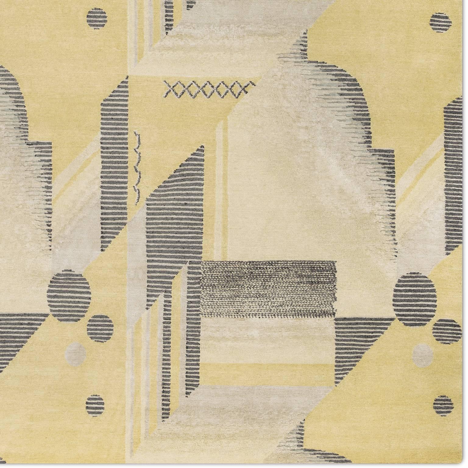 'Art Deco_Lemon' Hand-Knotted Tibetan Contemporary Geometric Rug Wool & Silk For Sale 2