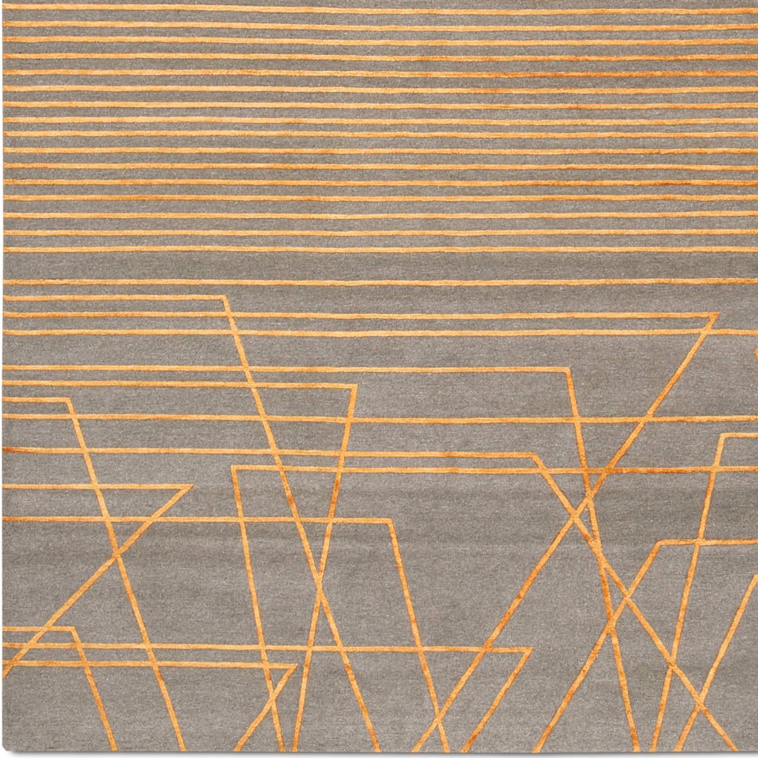Contemporary 'Broken Lines 02_Orange Up' Hand-Knotted Tibetan Modern Geometric Rug Wool Silk For Sale