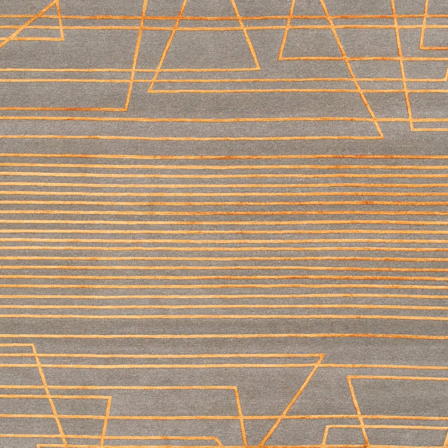 'Broken Lines 02_Orange Up' Hand-Knotted Tibetan Modern Geometric Rug Wool Silk For Sale 1