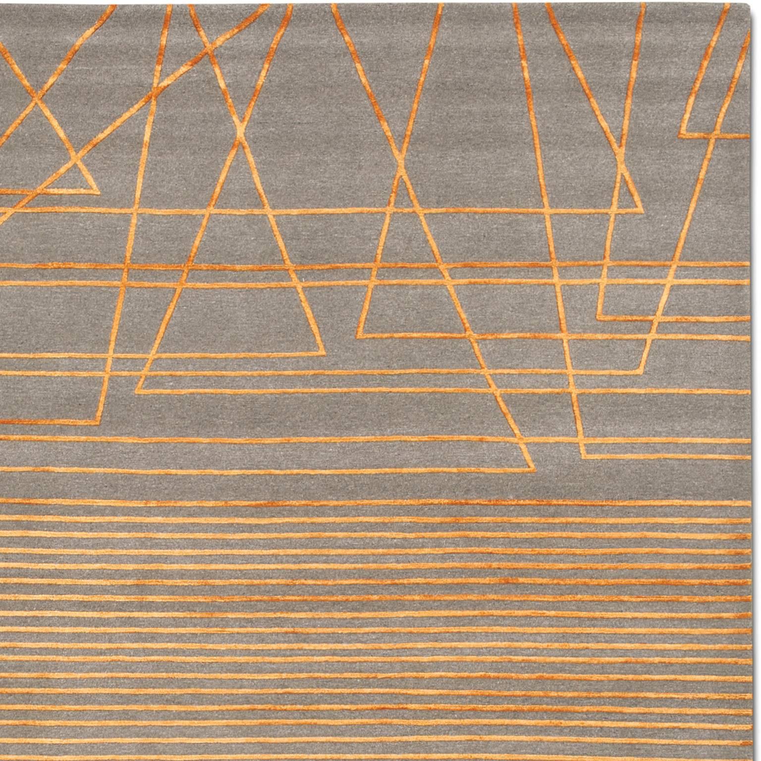 Nepalese 'Broken Lines 02_Orange Up' Hand-Knotted Tibetan Modern Geometric Rug Wool Silk For Sale