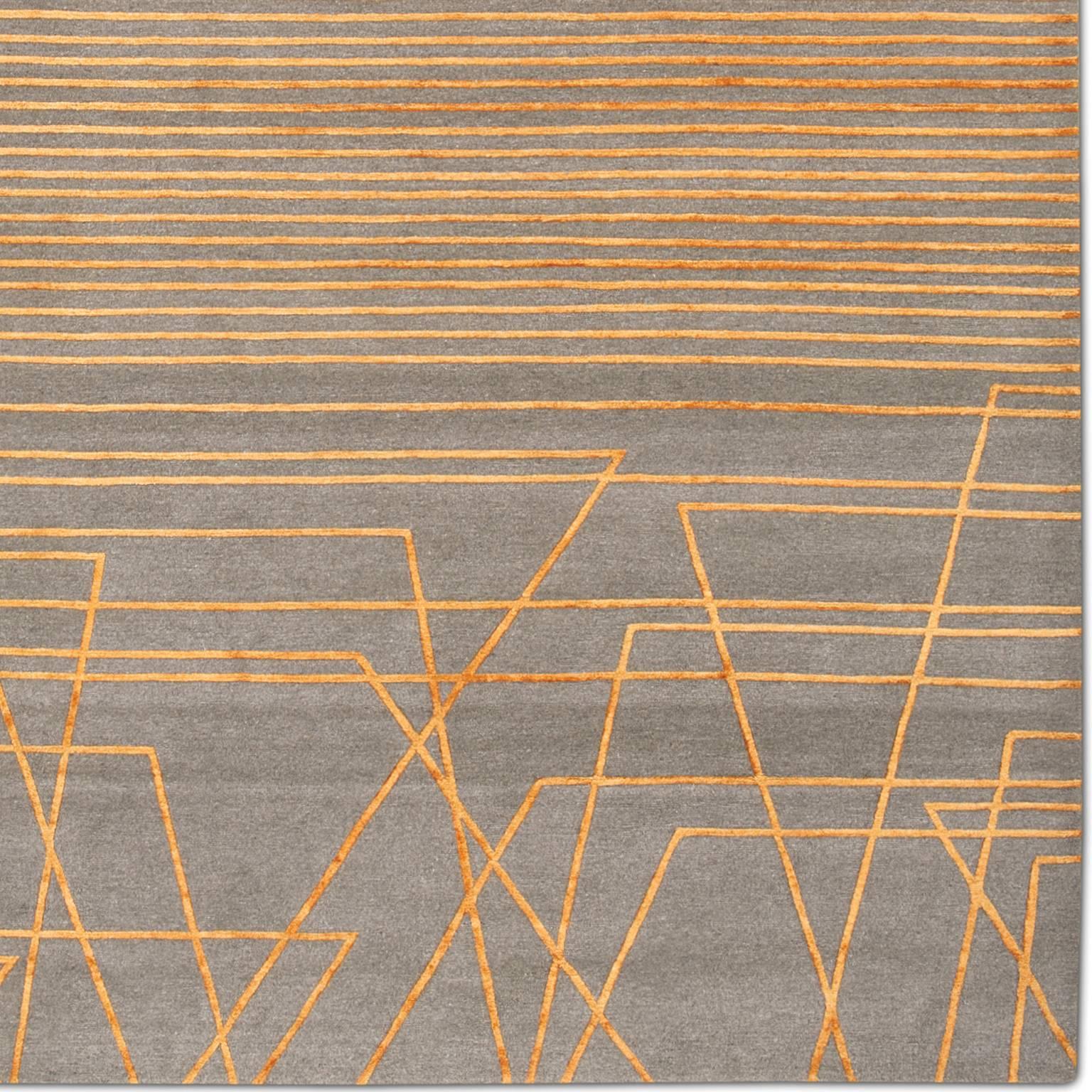 'Broken Lines 02_Orange Up' Hand-Knotted Tibetan Modern Geometric Rug Wool Silk In New Condition For Sale In London, GB