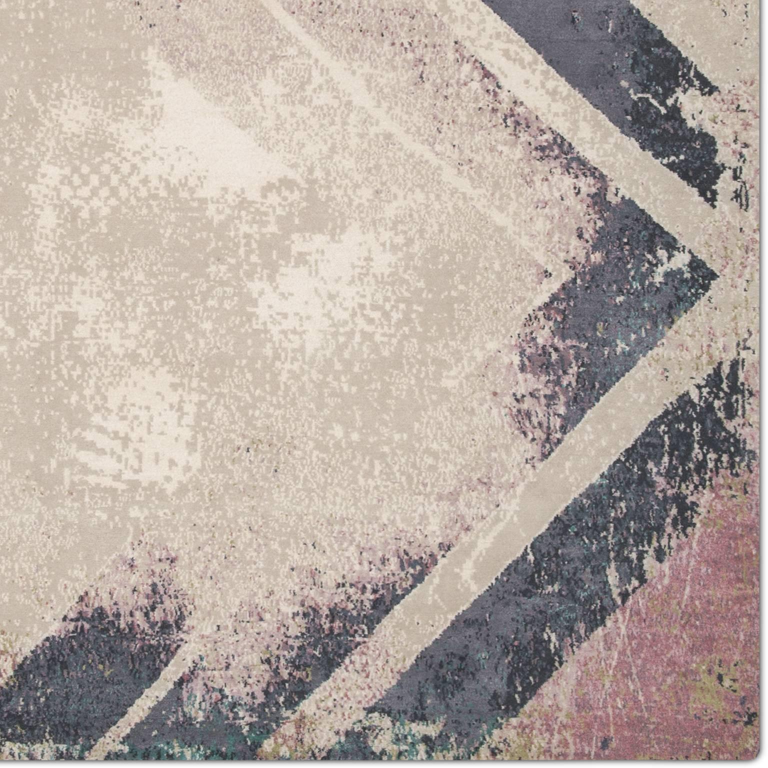 'Chevron_earth' Hand-Knotted Tibetan Contemporary Abstract Rug Wool & Silk For Sale 1