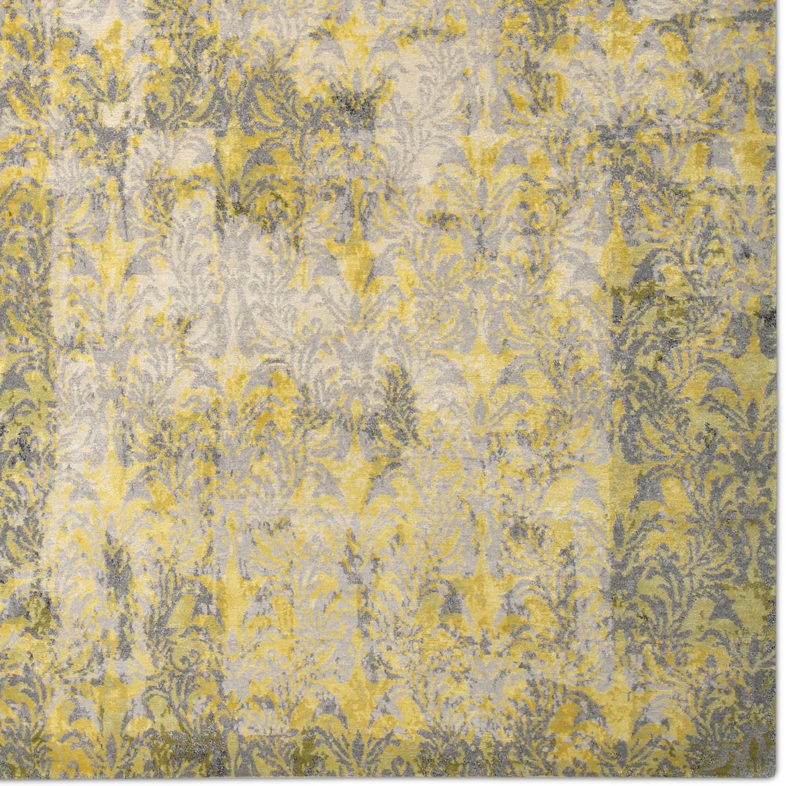 Nepalese 'Cover_Yellow' Hand-Knotted Tibetan Contemporary Abstract Rug Wool & Silk For Sale