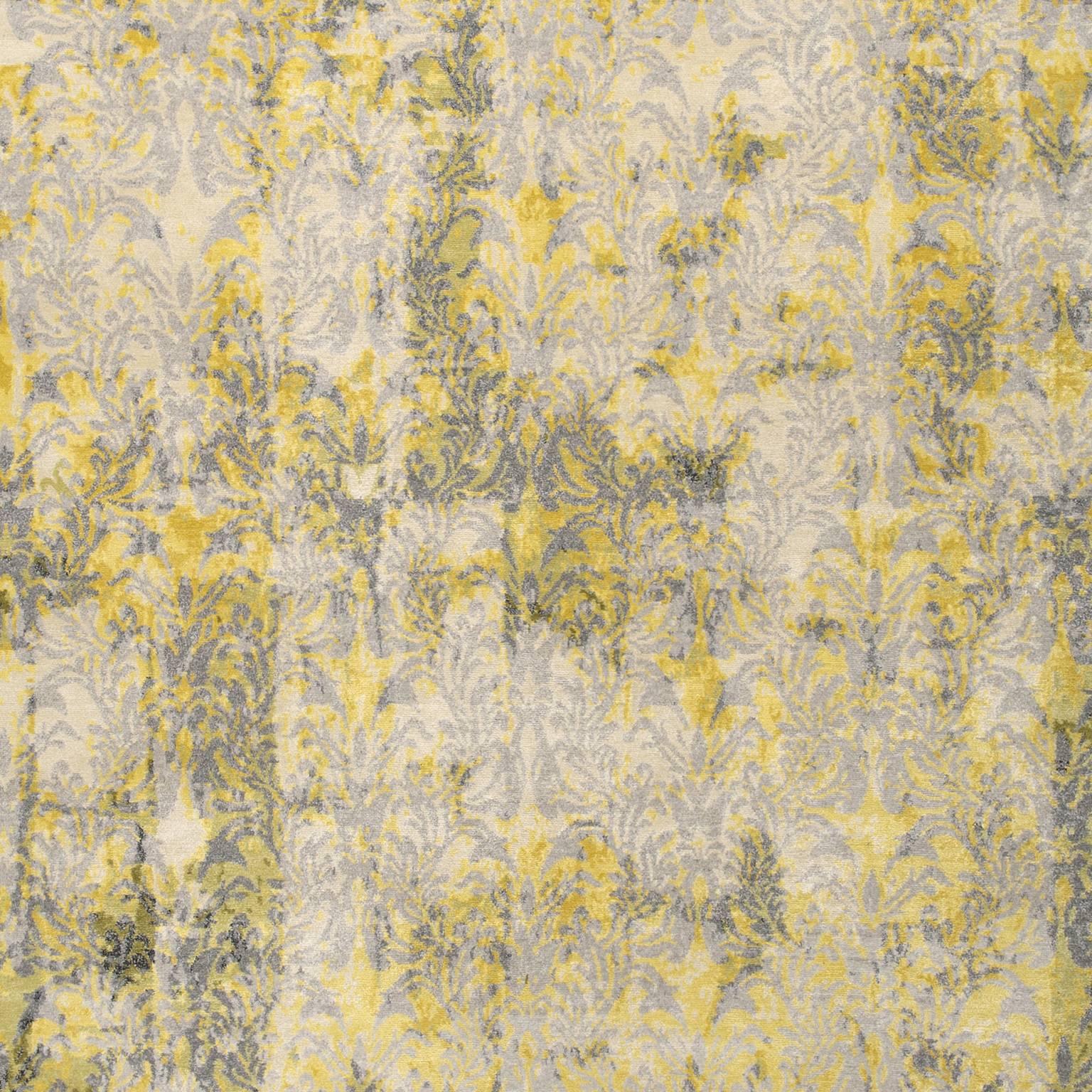 'Cover_Yellow' Hand-Knotted Tibetan Contemporary Abstract Rug Wool & Silk For Sale 1