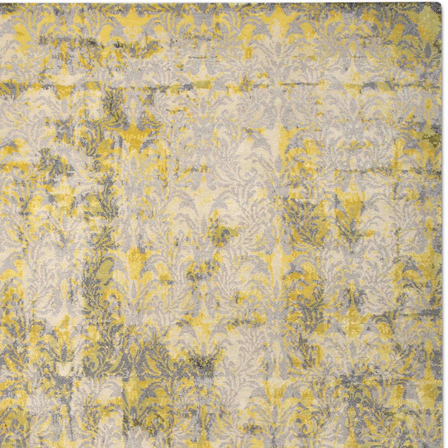 Modern 'Cover_Yellow' Hand-Knotted Tibetan Contemporary Abstract Rug Wool & Silk For Sale