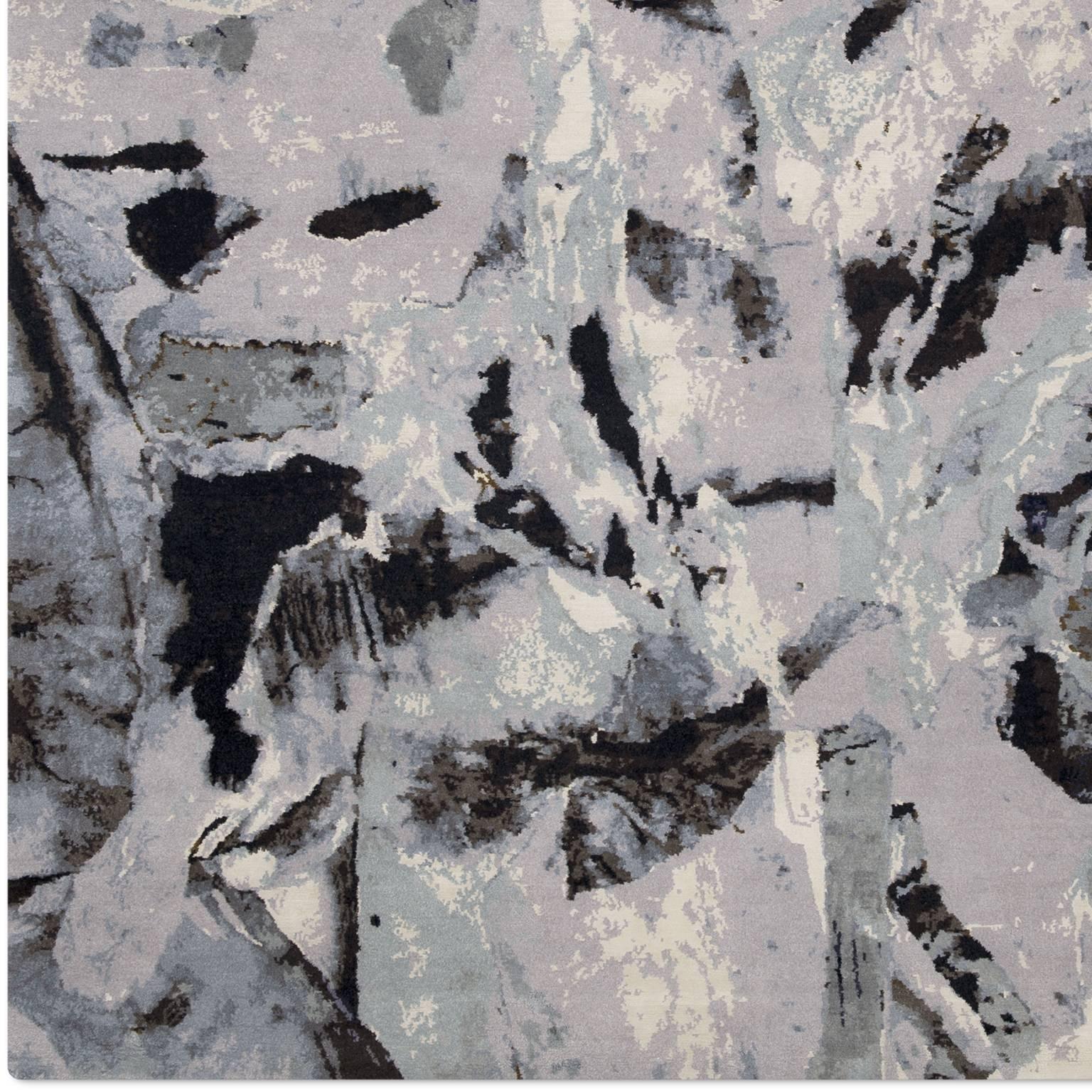 Nepalese 'Montage_Grey' Hand-Knotted Tibetan Contemporary Abstract Rug Wool & Silk For Sale