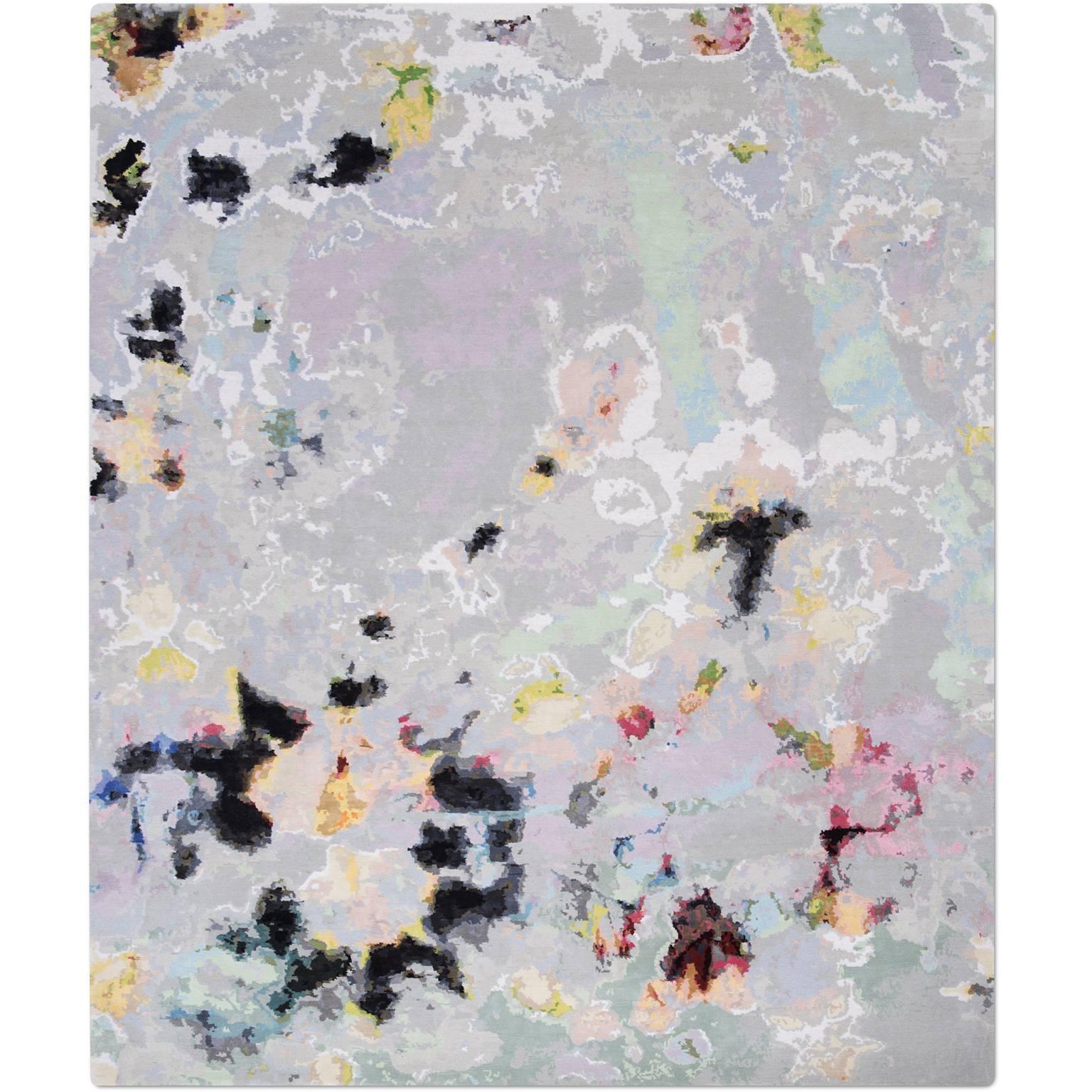 'Watercolours_Original' Hand-Knotted Tibetan Modern Abstract Silk Rug For Sale
