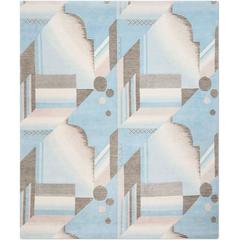 'Art Deco Aqua', Hand-Knotted Tibetan Contemporary Geometric Rug Wool & Silk