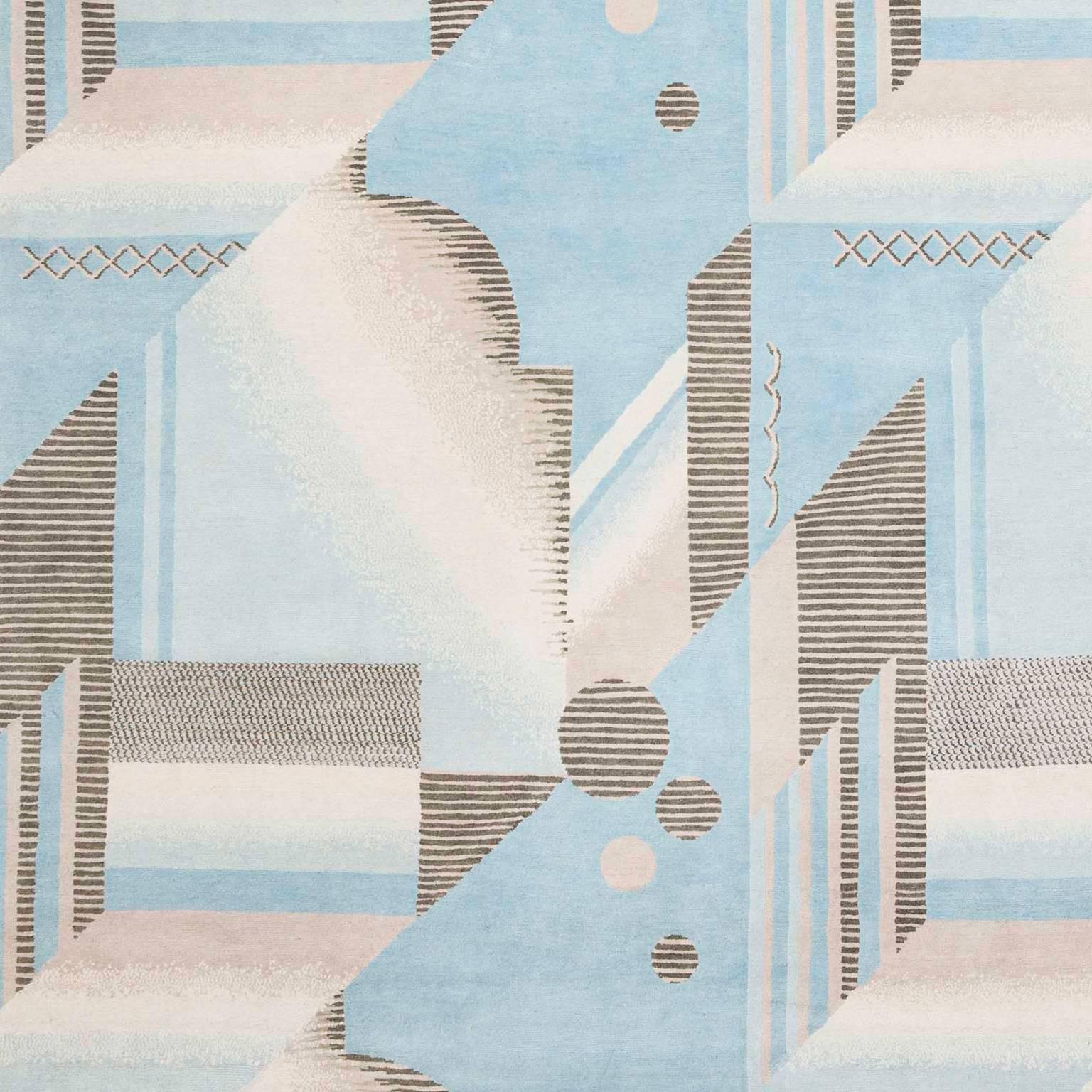 'Art Deco Aqua', Hand-Knotted Tibetan Contemporary Geometric Rug Wool & Silk For Sale 1