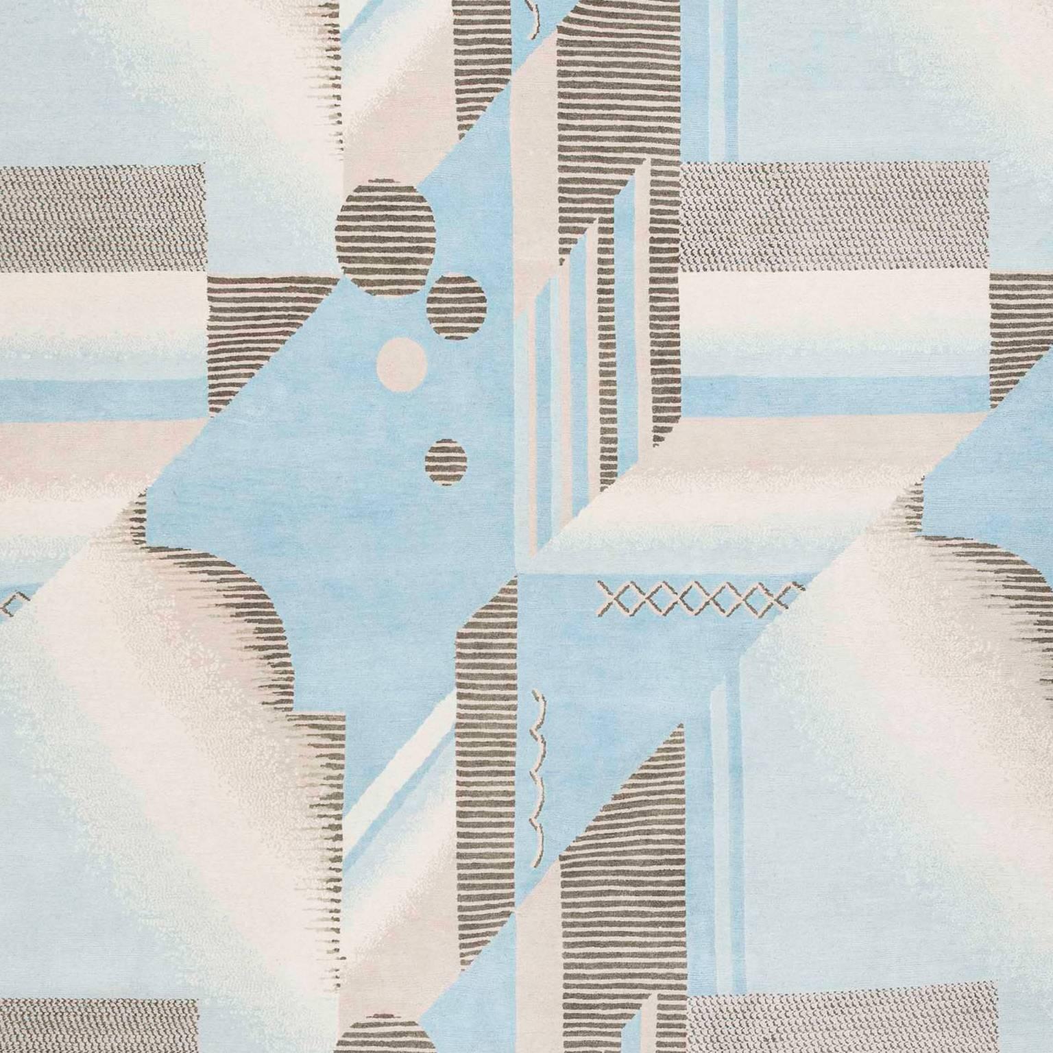 Modern 'Art Deco Aqua', Hand-Knotted Tibetan Contemporary Geometric Rug Wool & Silk For Sale